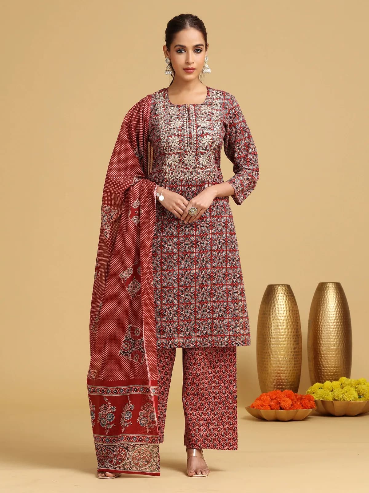 Maroon Embroidered Straight Cotton Ethnic Set - Barkha Boutique Kishangarh