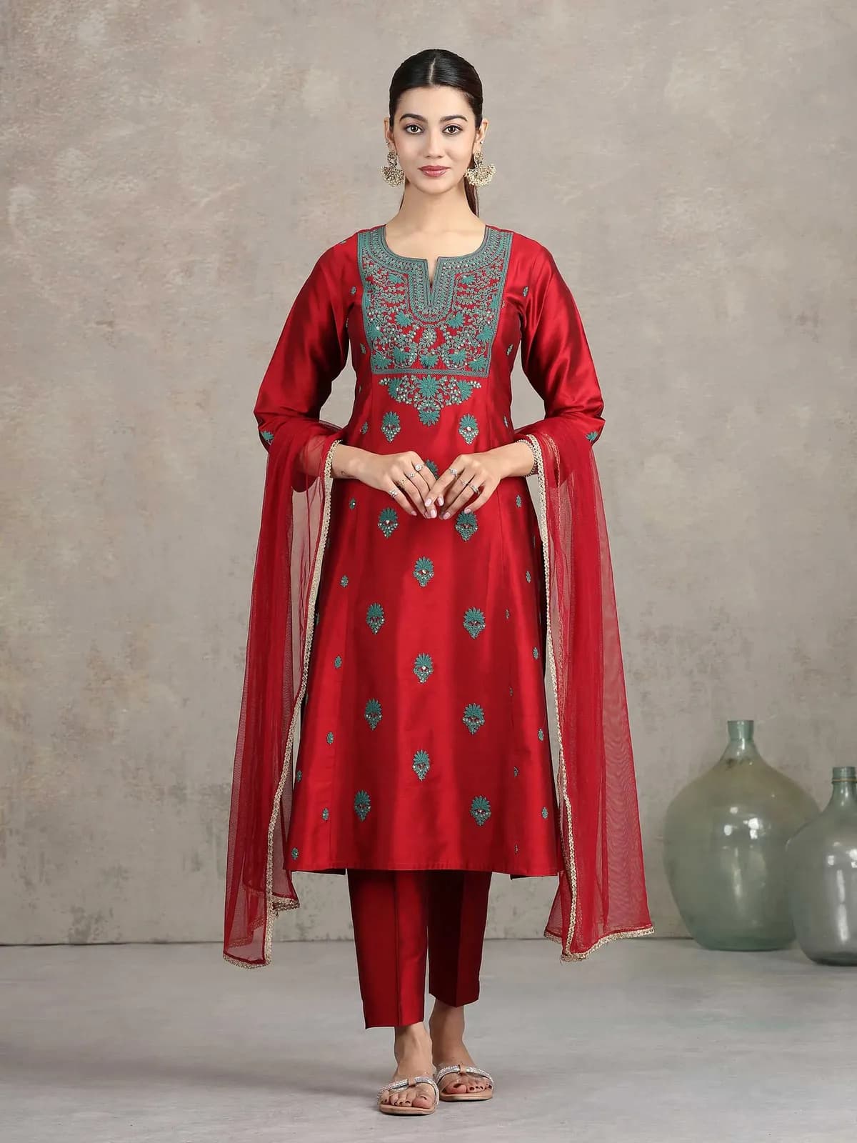 Maroon Floral Embroidered Straight Ethnic Set - Barkha Boutique Kishangarh