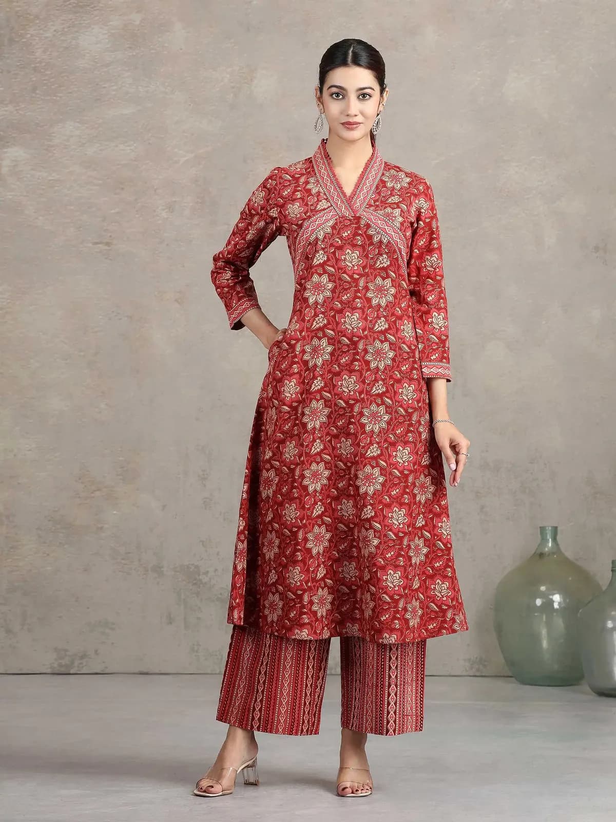 Maroon Floral Printed Straight Co-ord Set - Barkha Boutique Kishangarh