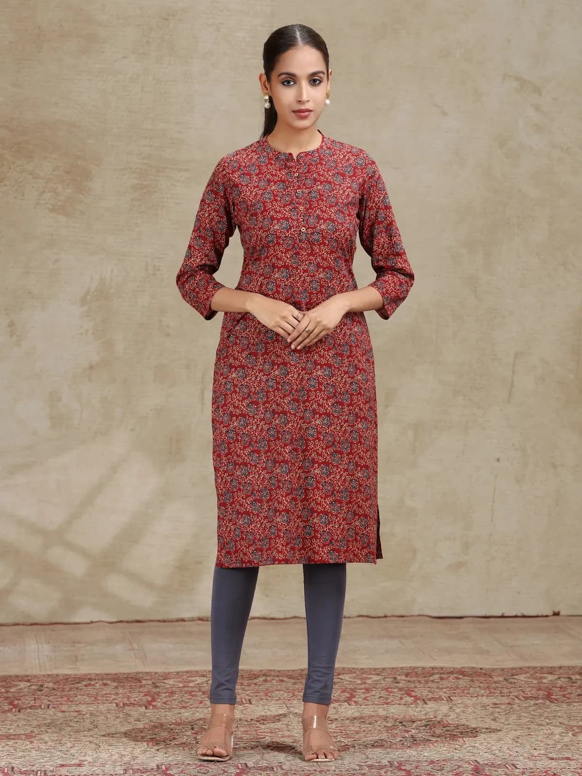 Maroon Floral Printed Straight Cotton Kurta - Barkha Boutique Kishangarh