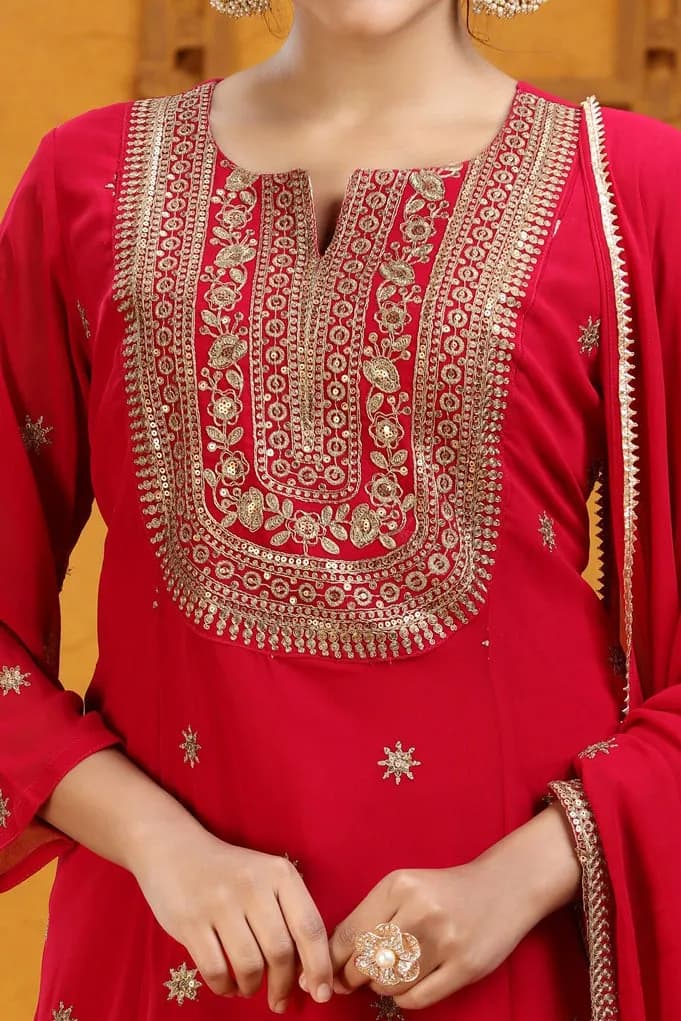 Maroon Georgette A Line Embroidered Kurta Pant Suit Set