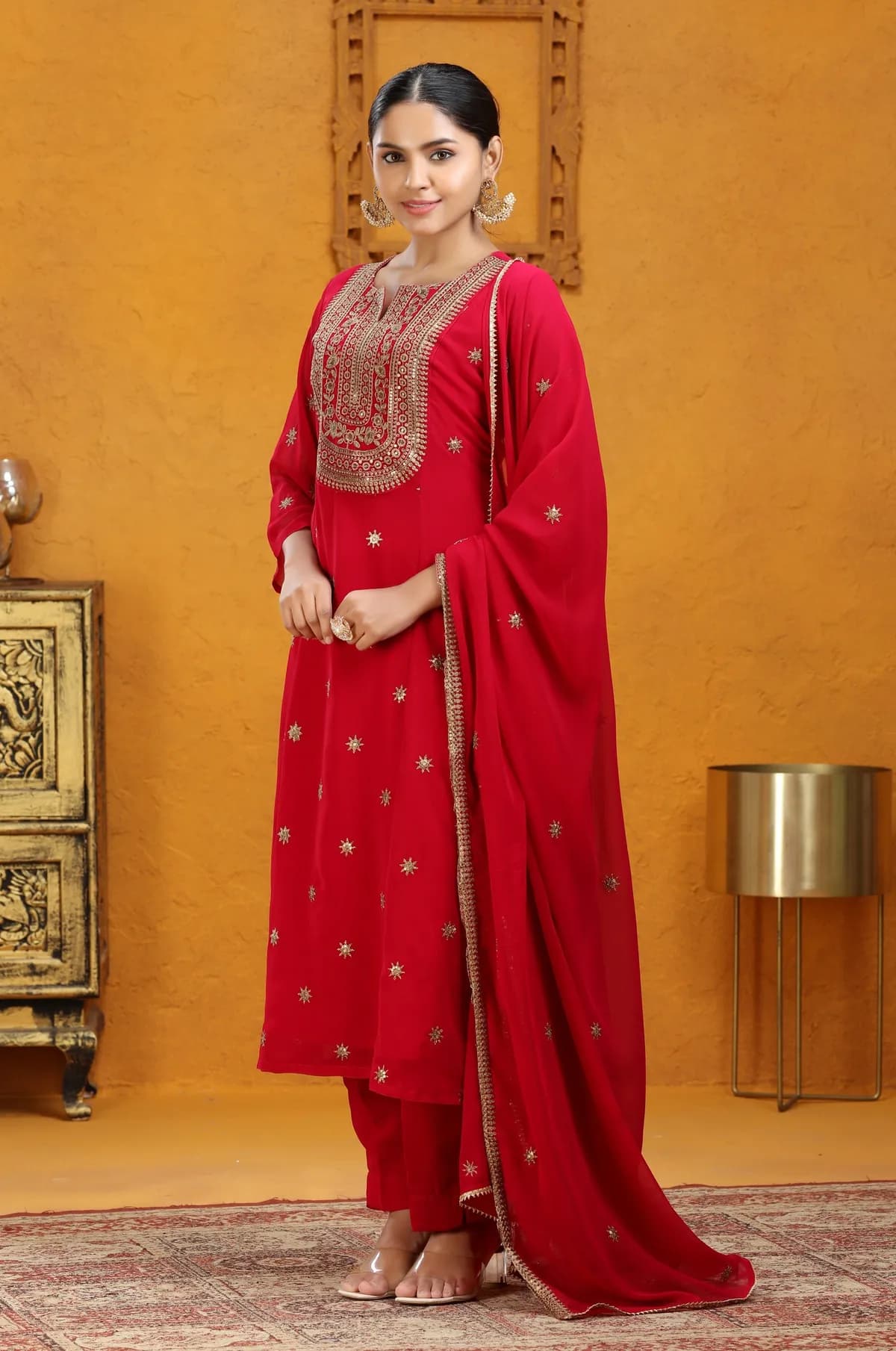 Maroon Georgette A Line Embroidered Kurta Pant Suit Set