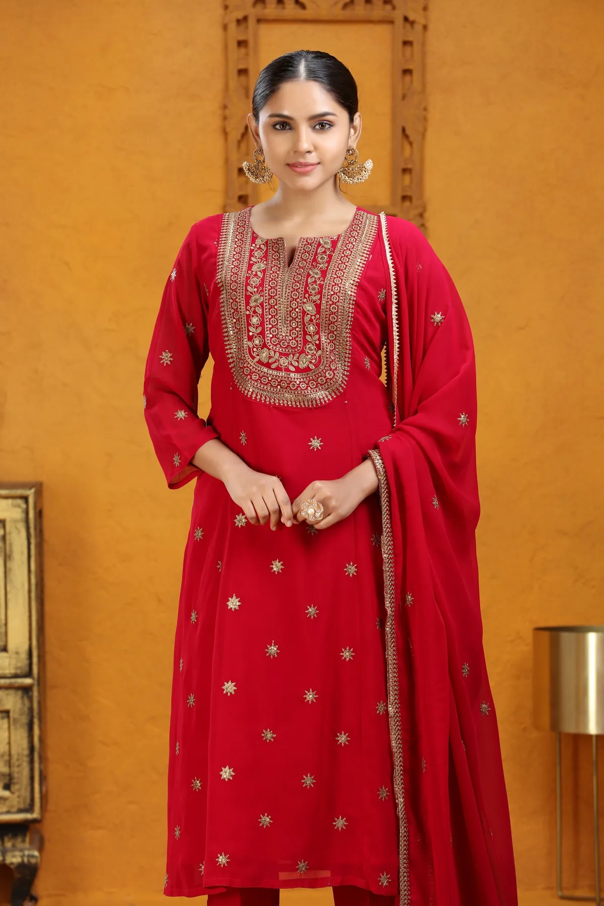 Maroon Georgette A Line Embroidered Kurta Pant Suit Set