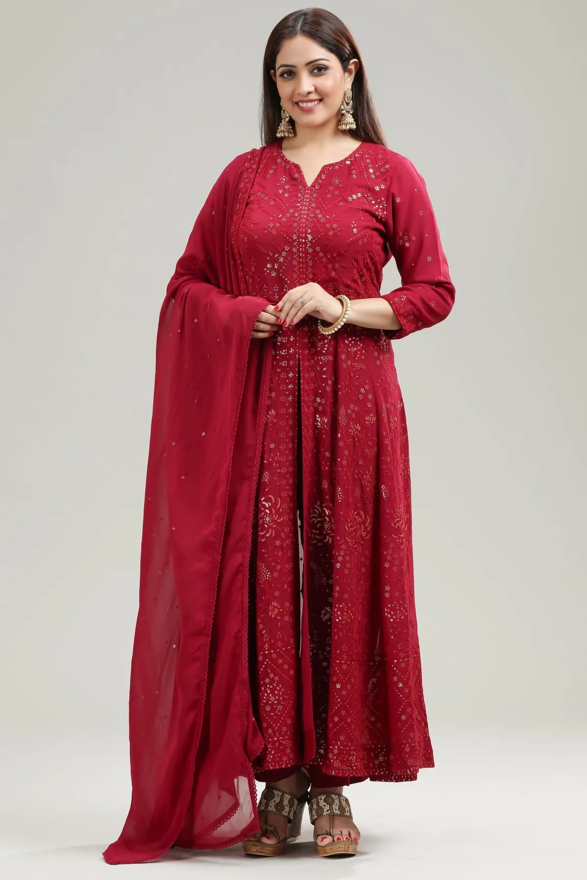 Maroon Georgette Anarkali Embroidered Kurta Pant Suit Set - Barkha Boutique Kishangarh
