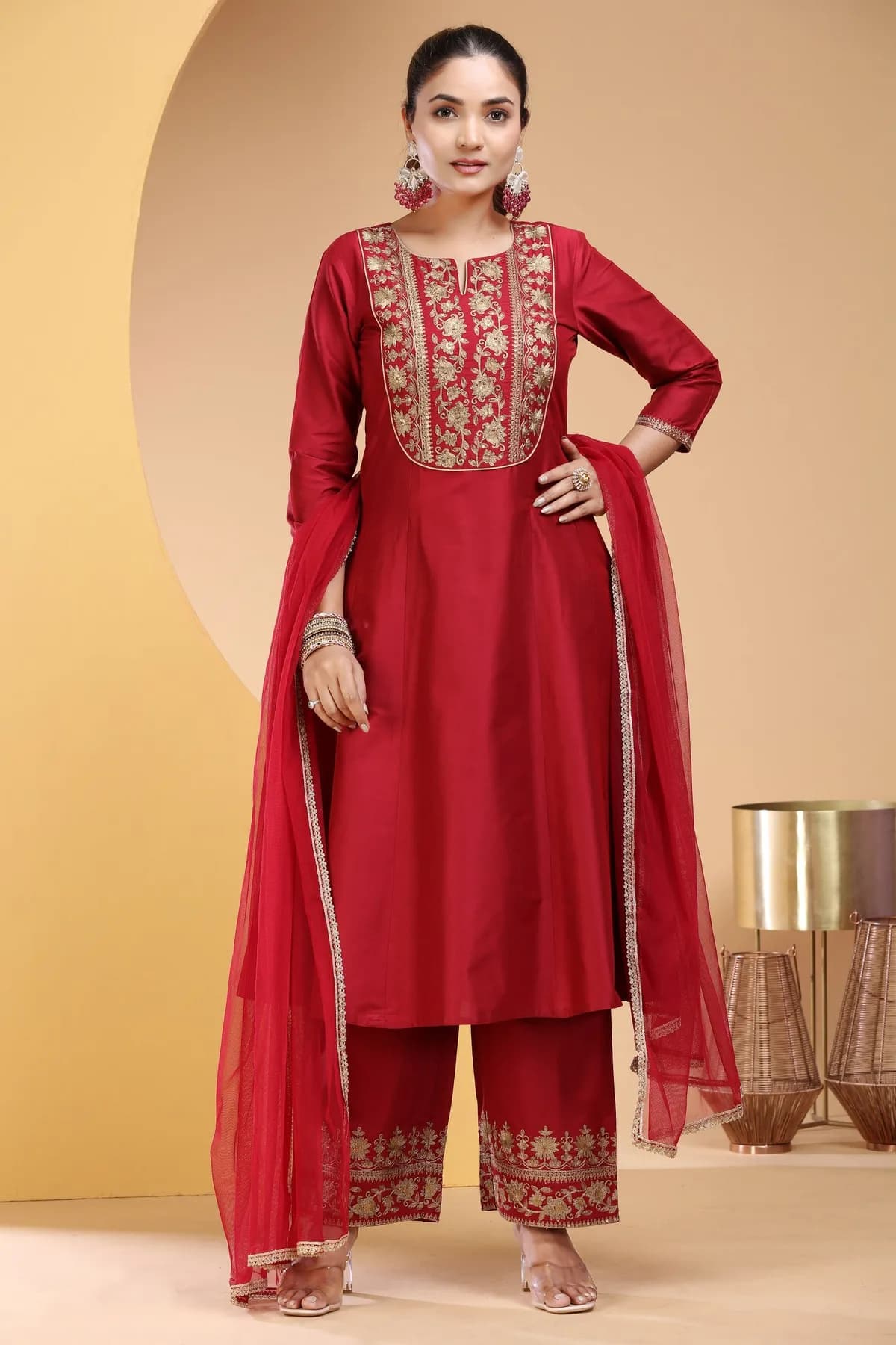 Maroon PolySilk A Line Embroidered Kurta Pants and Dupatta Set - Barkha Boutique Kishangarh