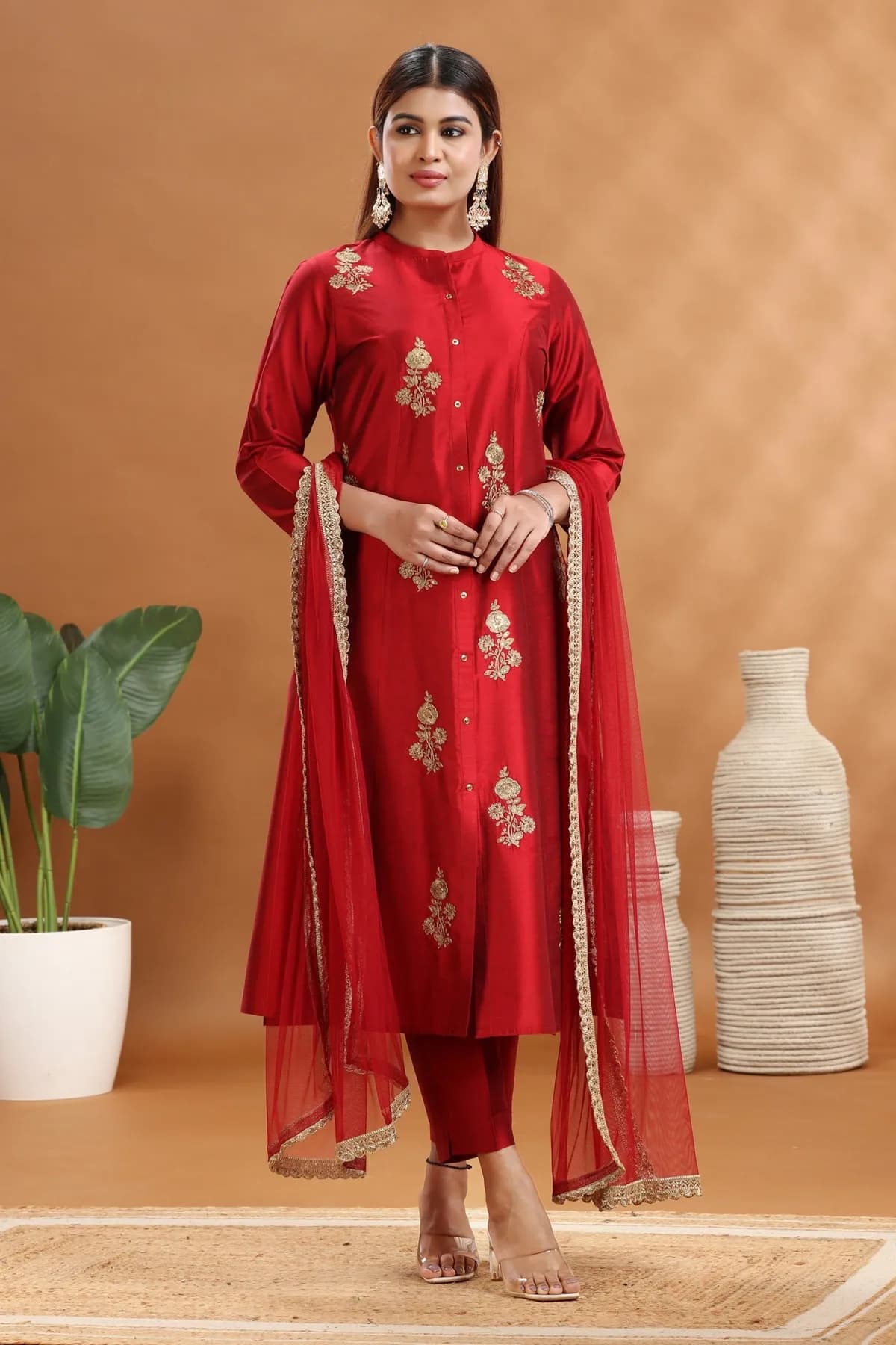 Maroon PolySilk A Line Embroidered Kurta Pants and Dupatta Set - Barkha Boutique Kishangarh