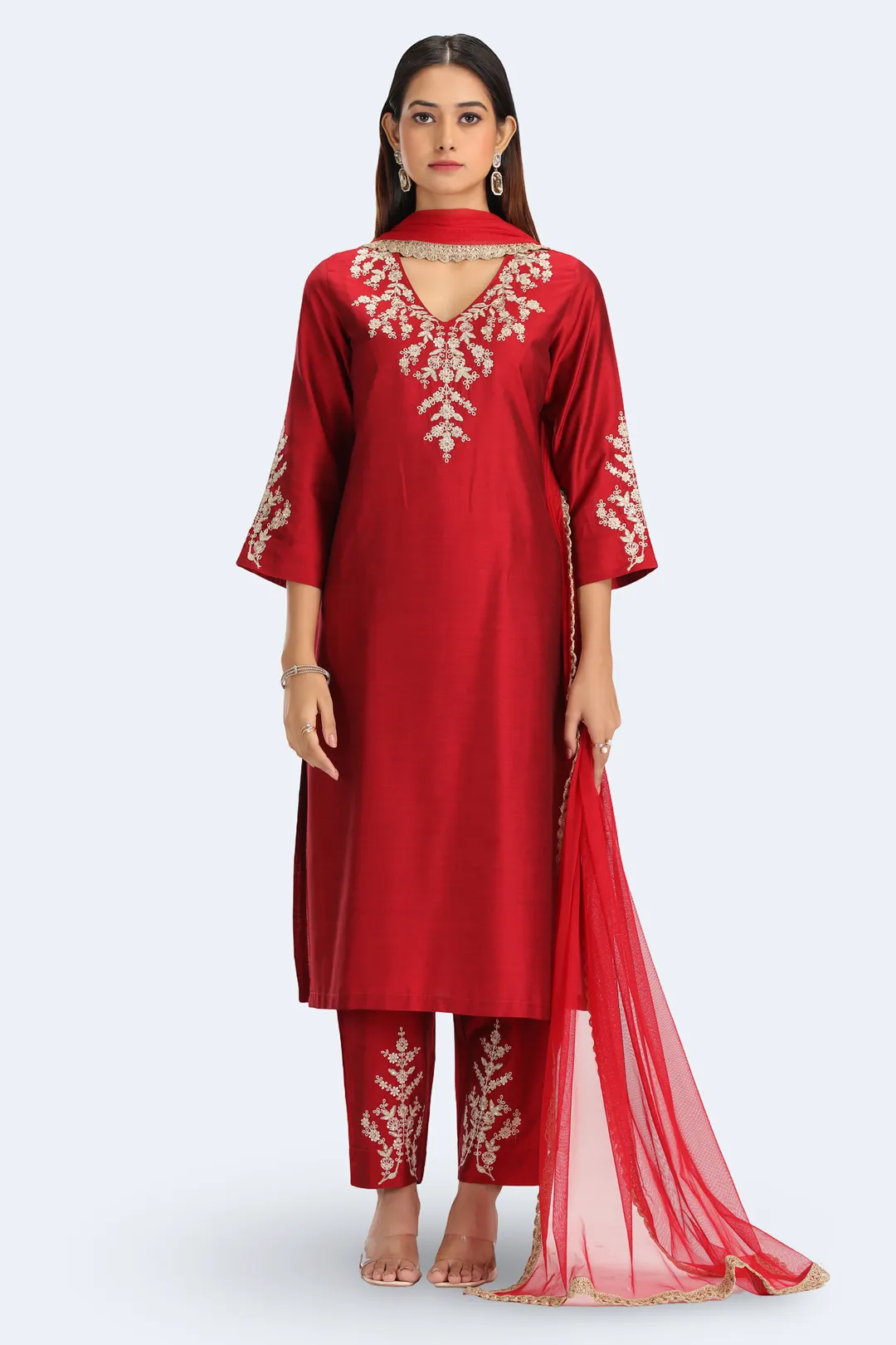 Maroon PolySilk Embroidered Straight Kurta Pant and Dupatta Suit Set - Barkha Boutique Kishangarh
