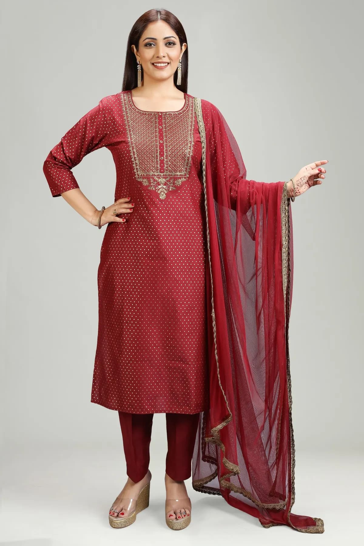 Maroon PolySilk Straight Embroidered Kurta Pant Suit Set - Barkha Boutique Kishangarh