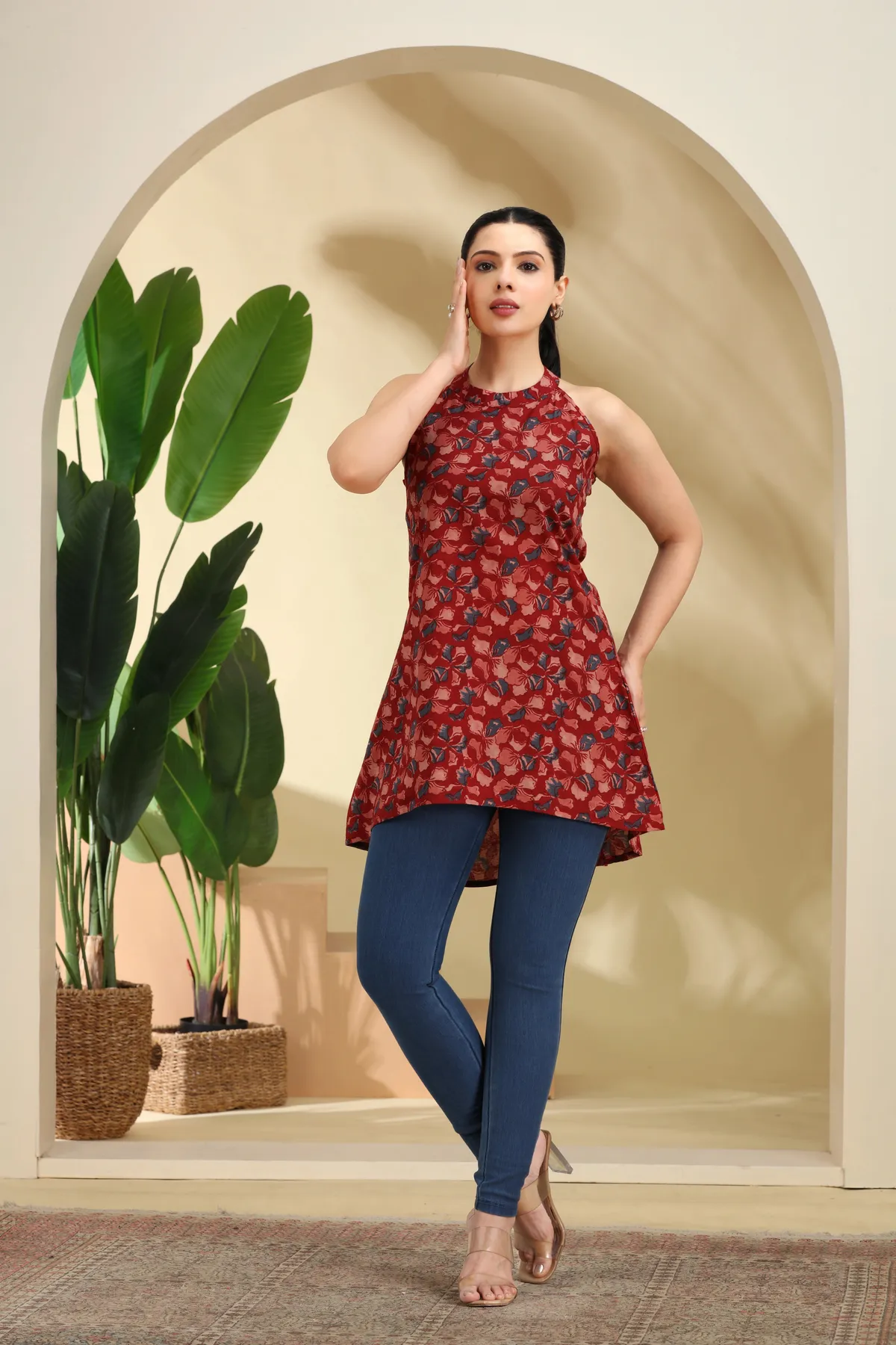 Maroon Printed A-Line Cotton Tunic - Barkha Boutique Kishangarh