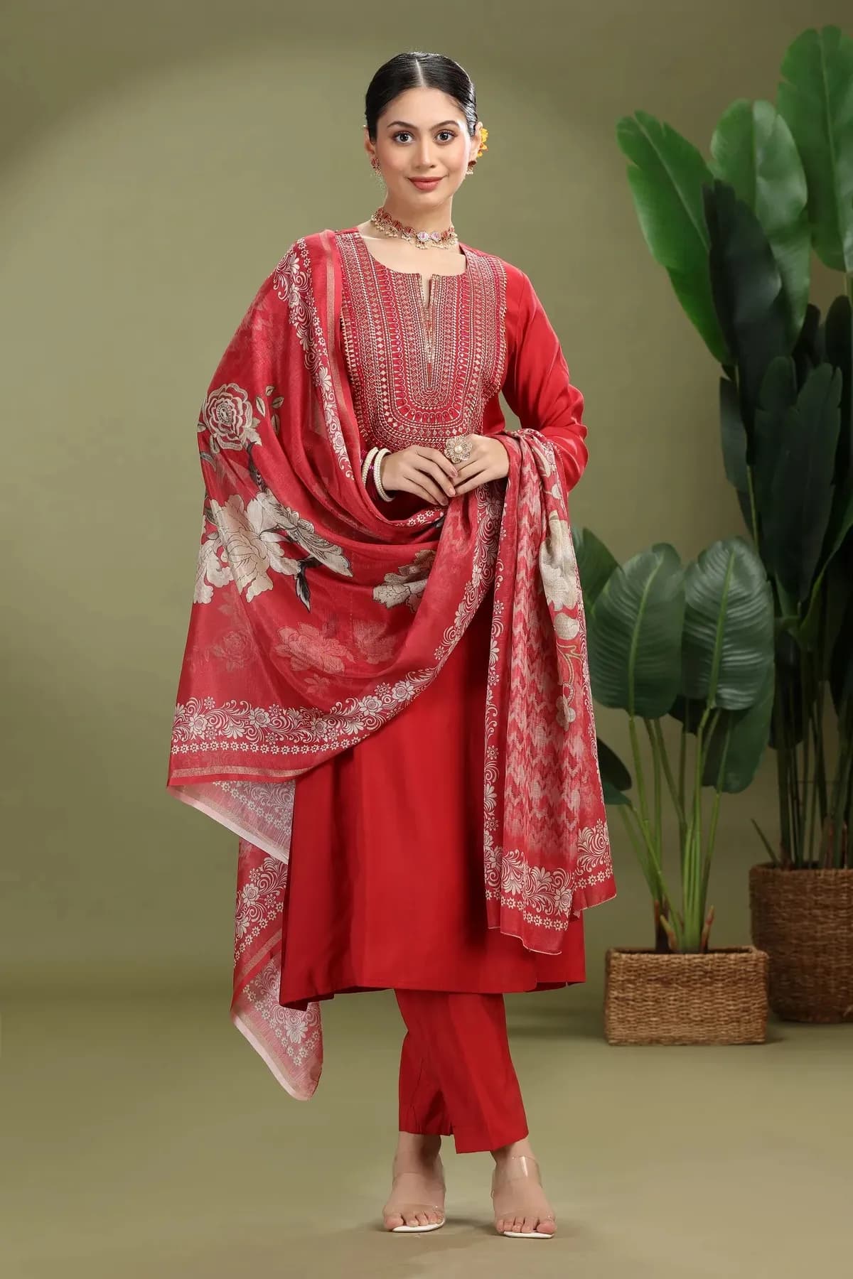 Maroon Roman Silk Embroidered Straight Kurta Pant and Dupatta Suit Set - Barkha Boutique Kishangarh