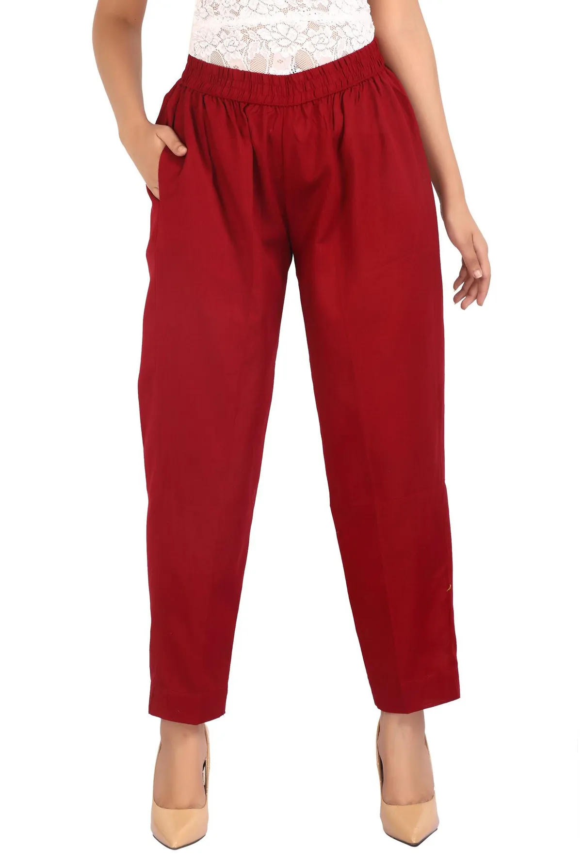 Maroon Solid Cotton Pant - Barkha Boutique Kishangarh