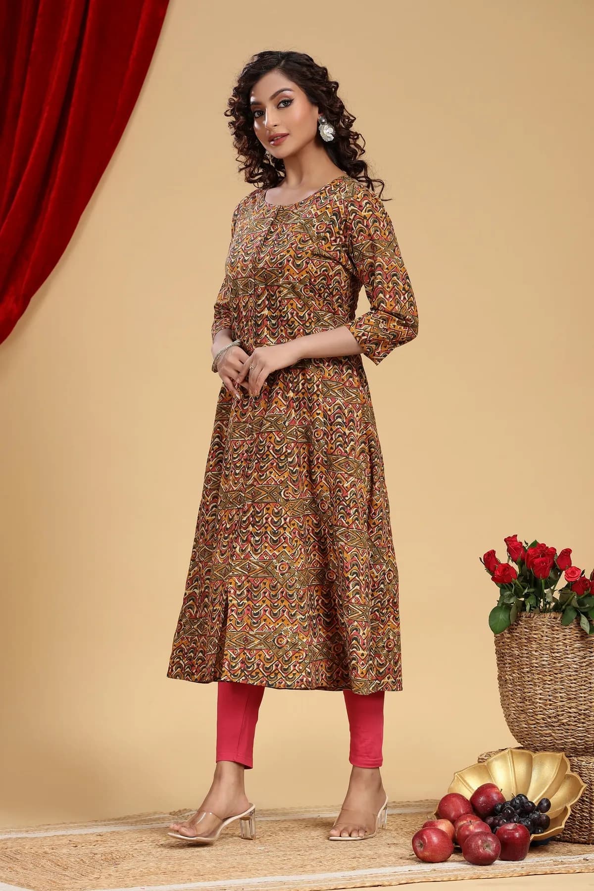 Mehendi Green Cotton A Line Printed Kurta