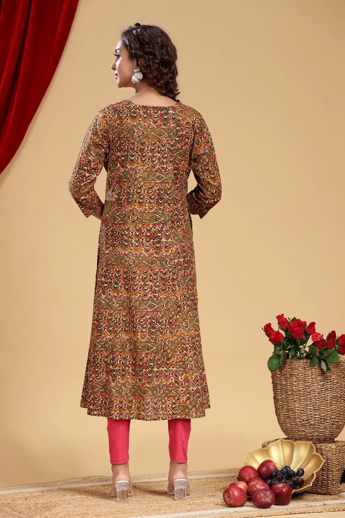 Mehendi Green Cotton A Line Printed Kurta