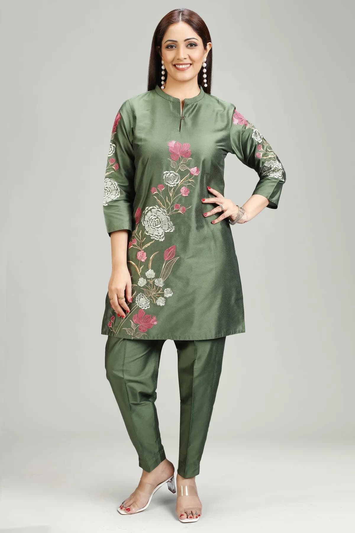 Mehndi Green PolySilk Straight Embroidered Kurta Pant Co ord Set - Barkha Boutique Kishangarh