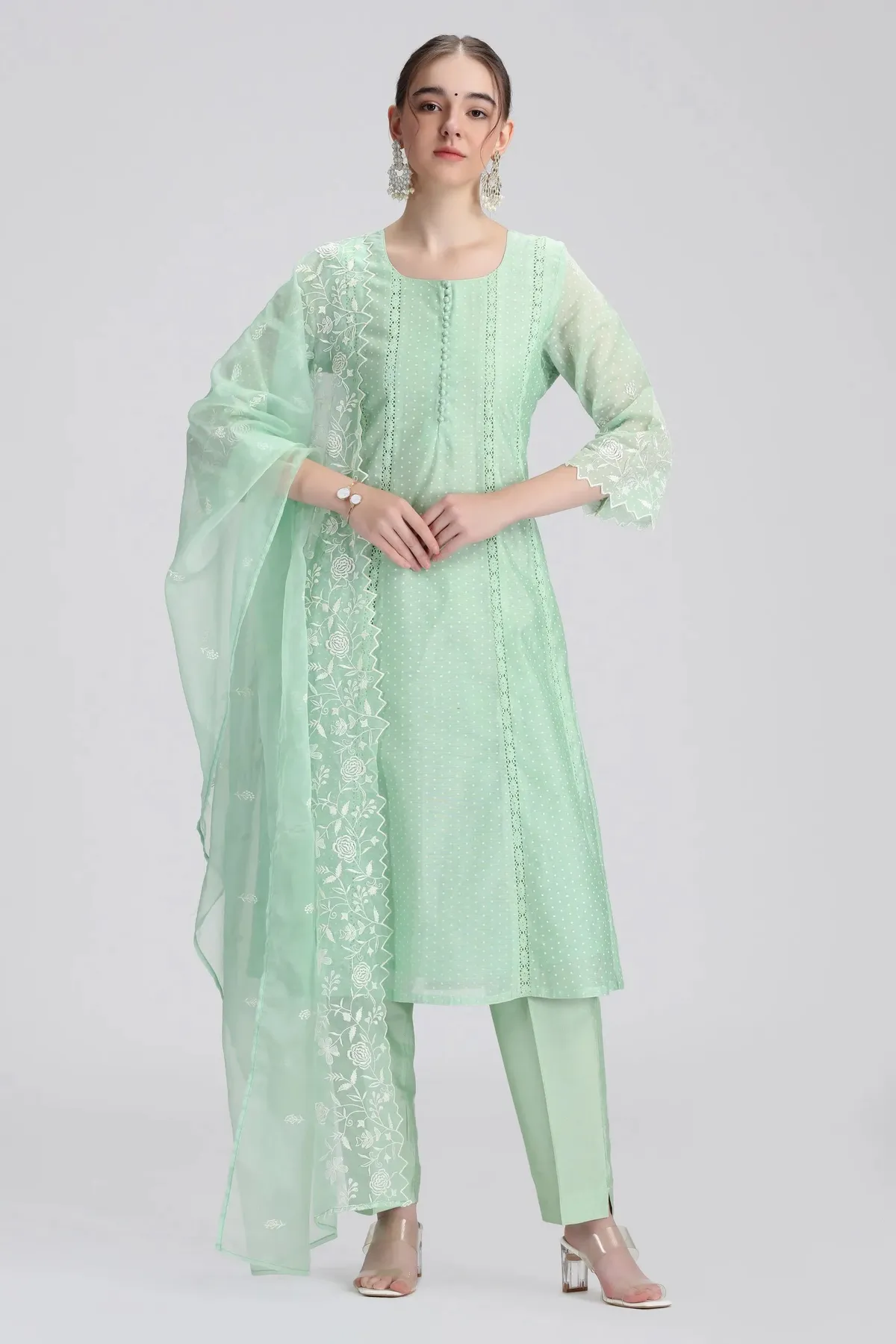Mint Green Chanderi Embroidered A Line Kurta Pant and Dupatta Set - Barkha Boutique Kishangarh