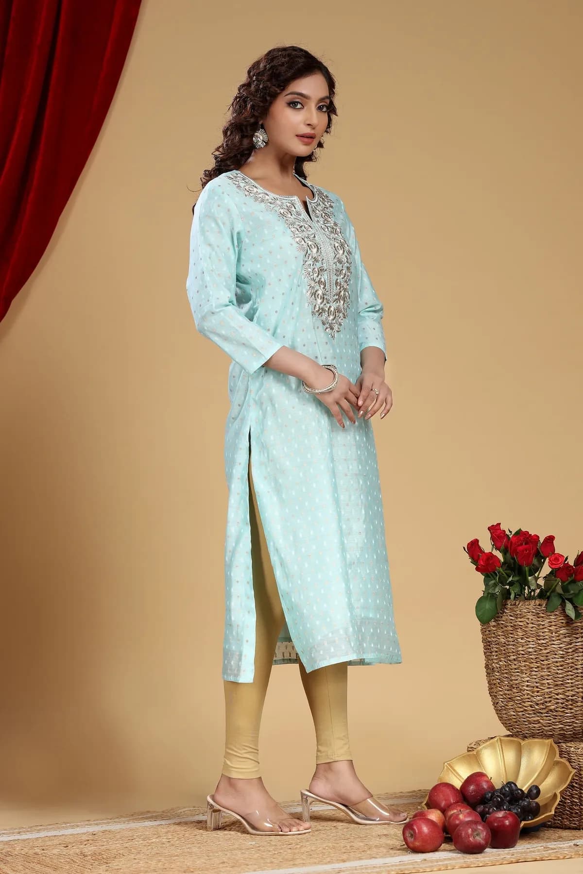 Mint Green Chanderi Straight Embroidered Kurta