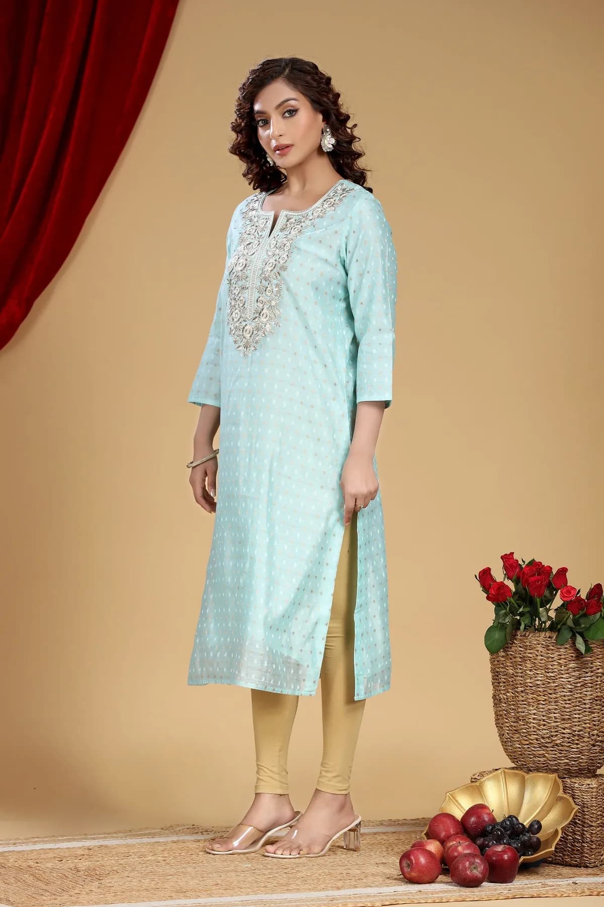 Mint Green Chanderi Straight Embroidered Kurta