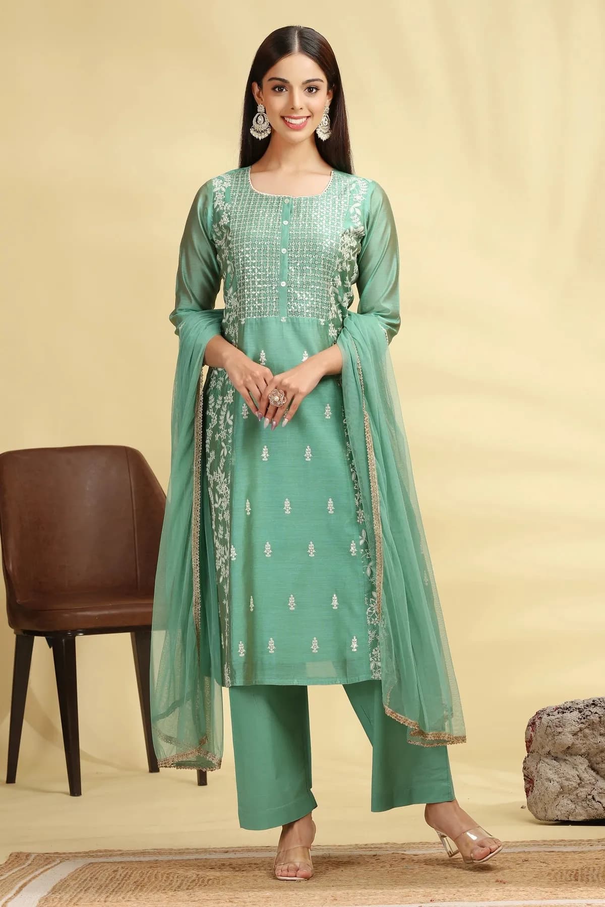 Mint Green Embroidered Chanderi A Line Kurta Pant Dupatta Suit Set - Barkha Boutique Kishangarh