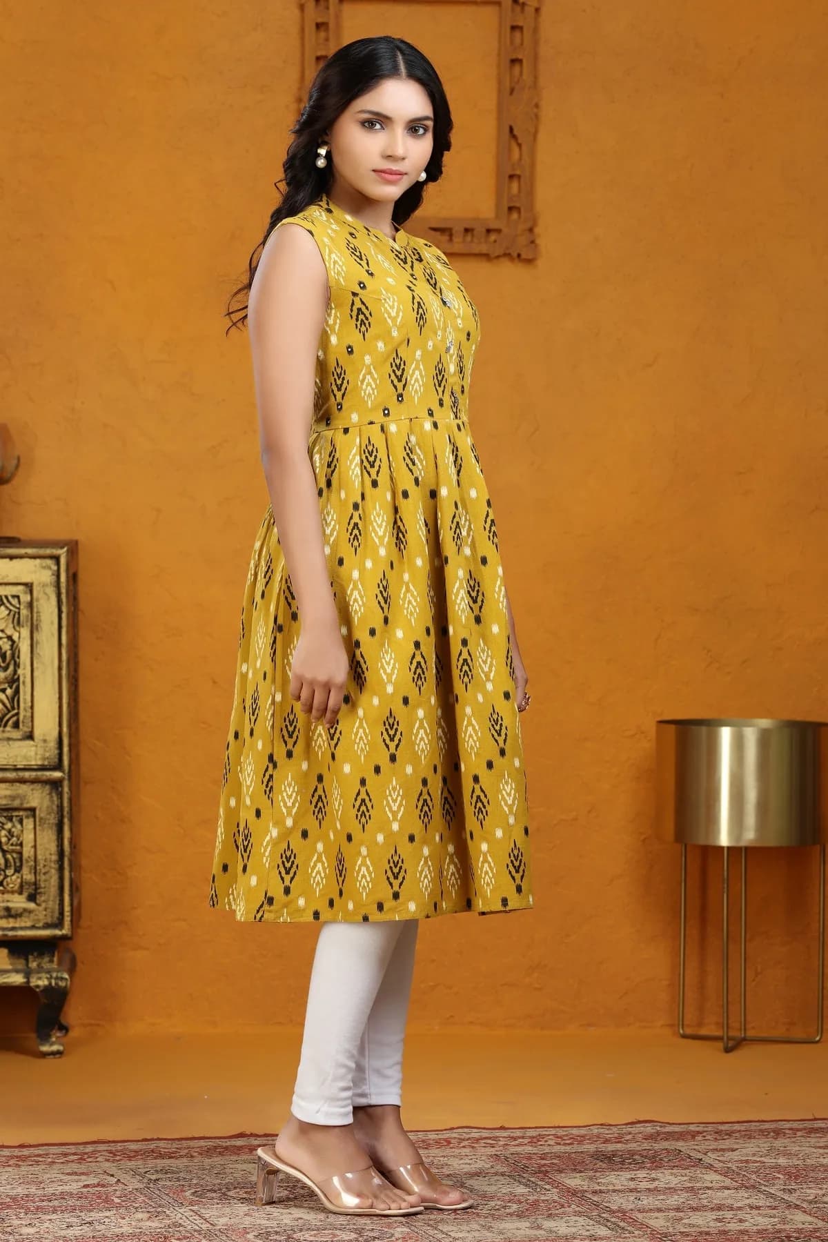 Mustard Yellow Cotton A Line Sleeveless Kurta