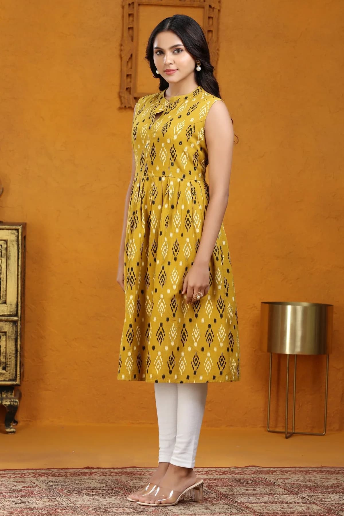Mustard Yellow Cotton A Line Sleeveless Kurta