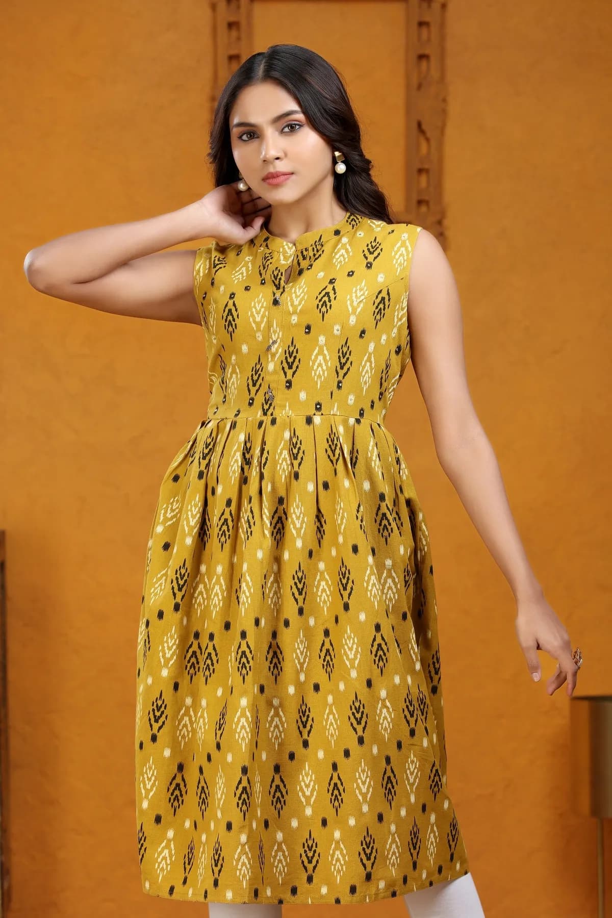 Mustard Yellow Cotton A Line Sleeveless Kurta