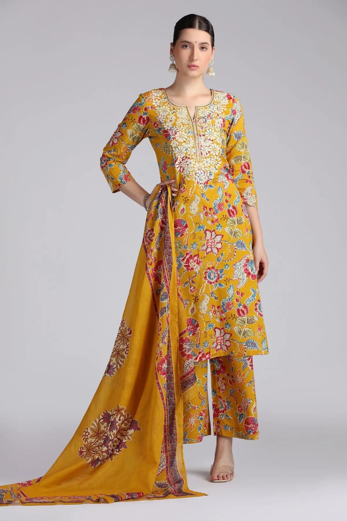 Mustard Cotton Embroidered Straight Kurta Pant and Dupatta Suit Set - Barkha Boutique Kishangarh