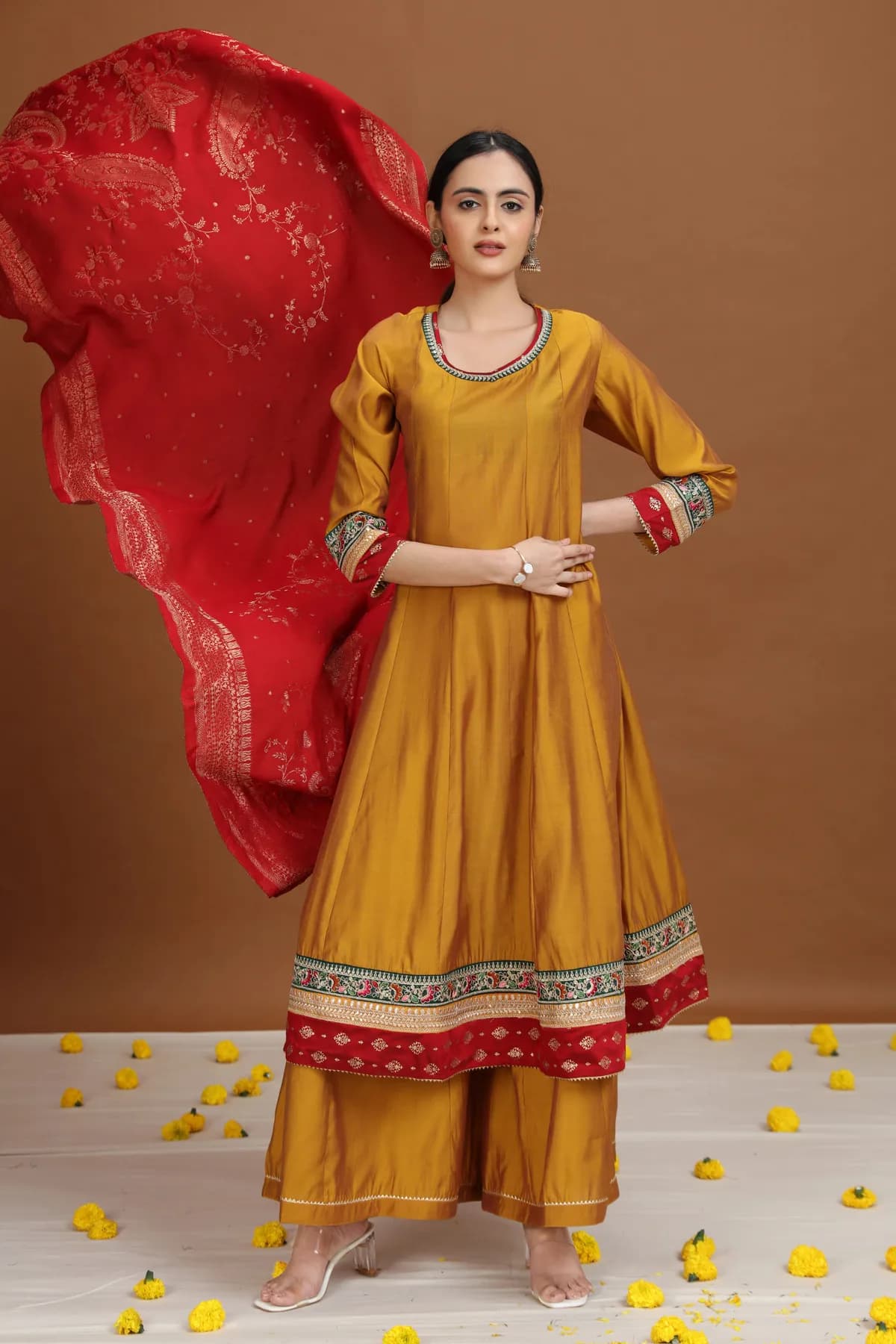 Mustard Embroidered Anarkali Ethnic Set - Barkha Boutique Kishangarh