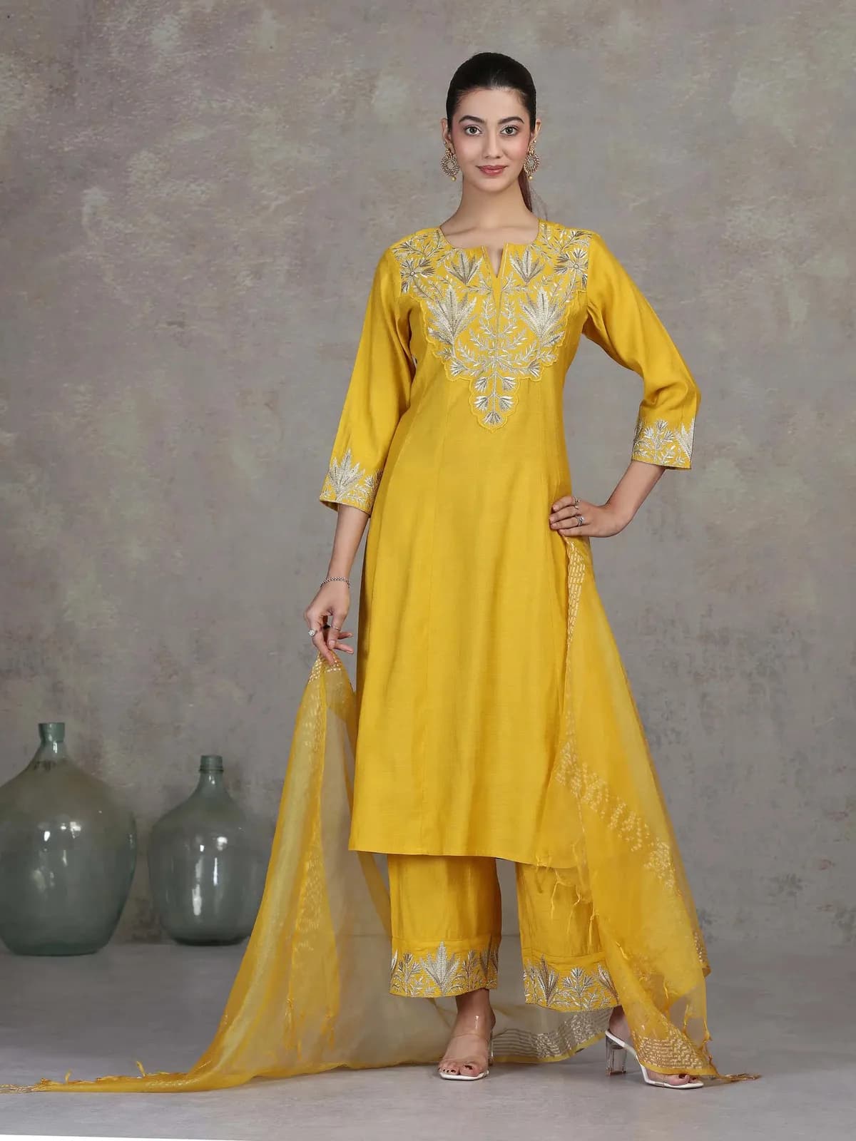 Mustard Floral Embroidered A-Line Ethnic Set - Barkha Boutique Kishangarh