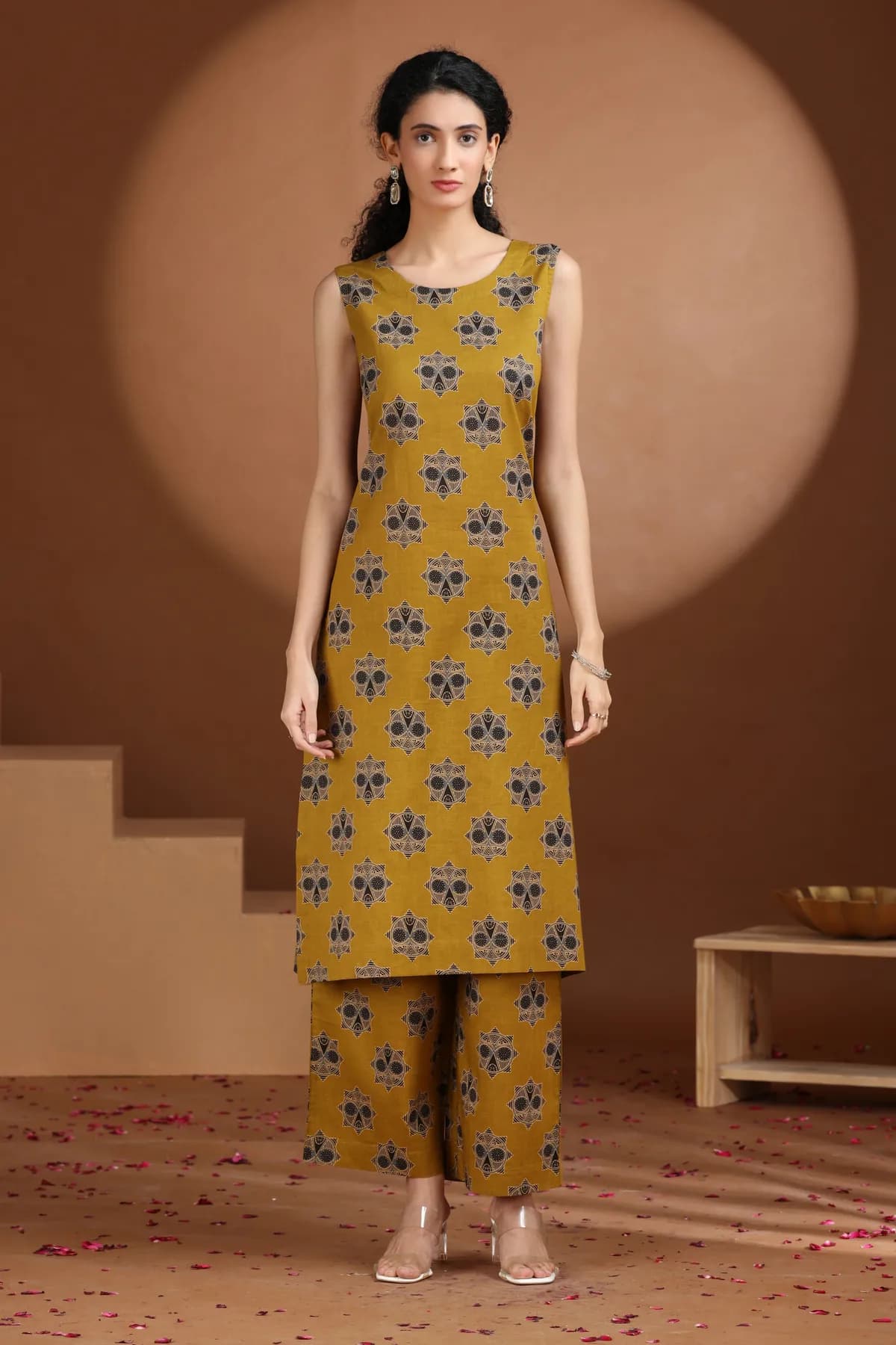 Mustard Floral Printed Cotton A Line Co-ord Set - Barkha Boutique Kishangarh