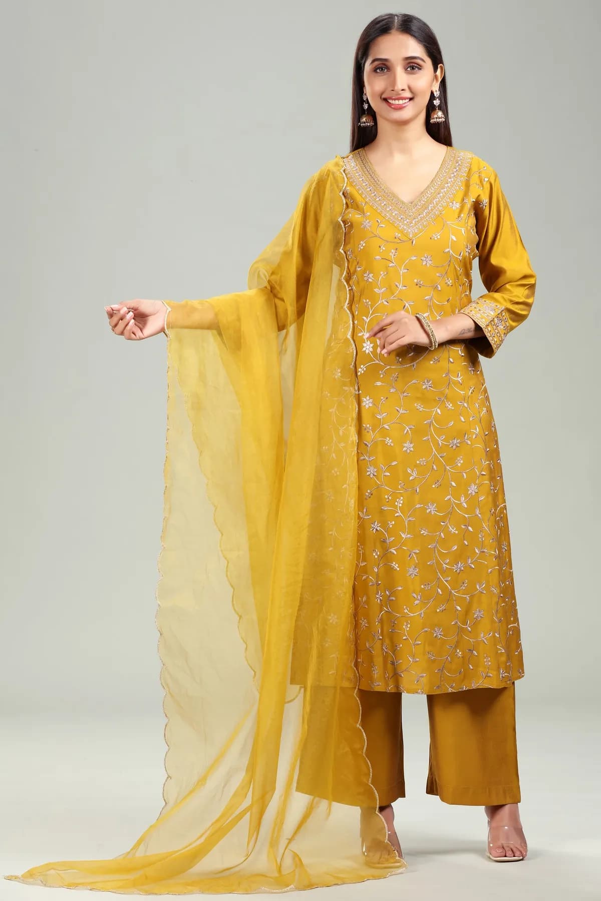 Mustard PolySilk Embroidered A Line Kurta Pant Suit Set - Barkha Boutique Kishangarh