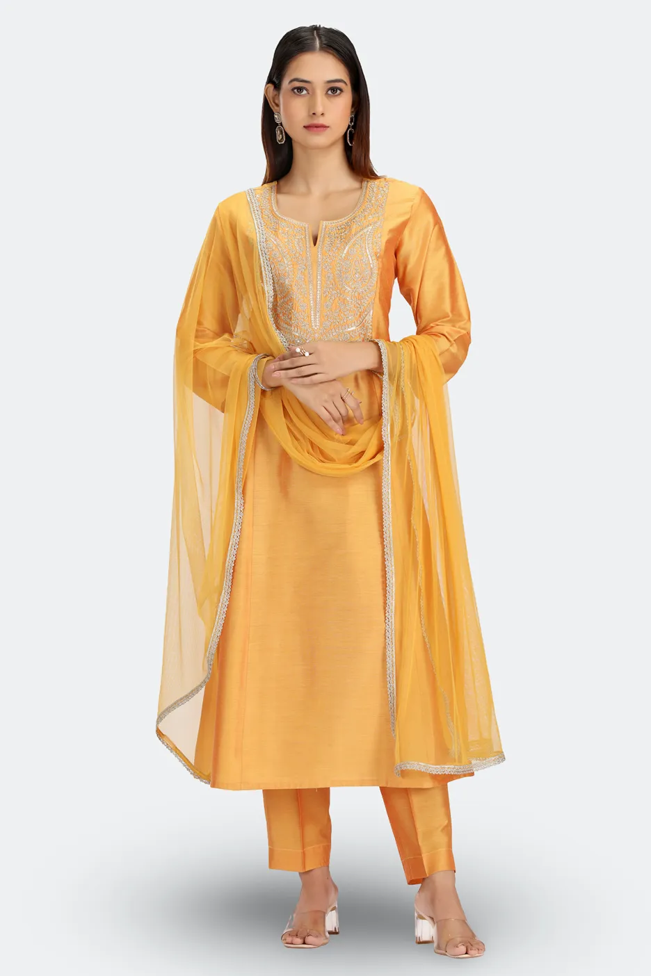 Mustard PolySilk Embroidered A Line Kurta Pant and Dupatta Suit Set - Barkha Boutique Kishangarh