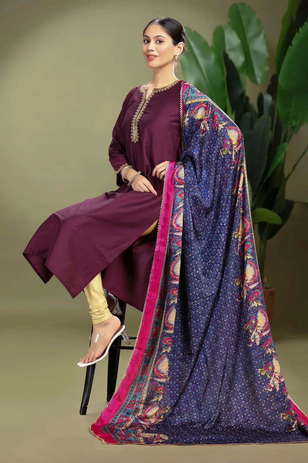 Navy Blue Chiffon Floral Printed Dupatta - Barkha Boutique Kishangarh