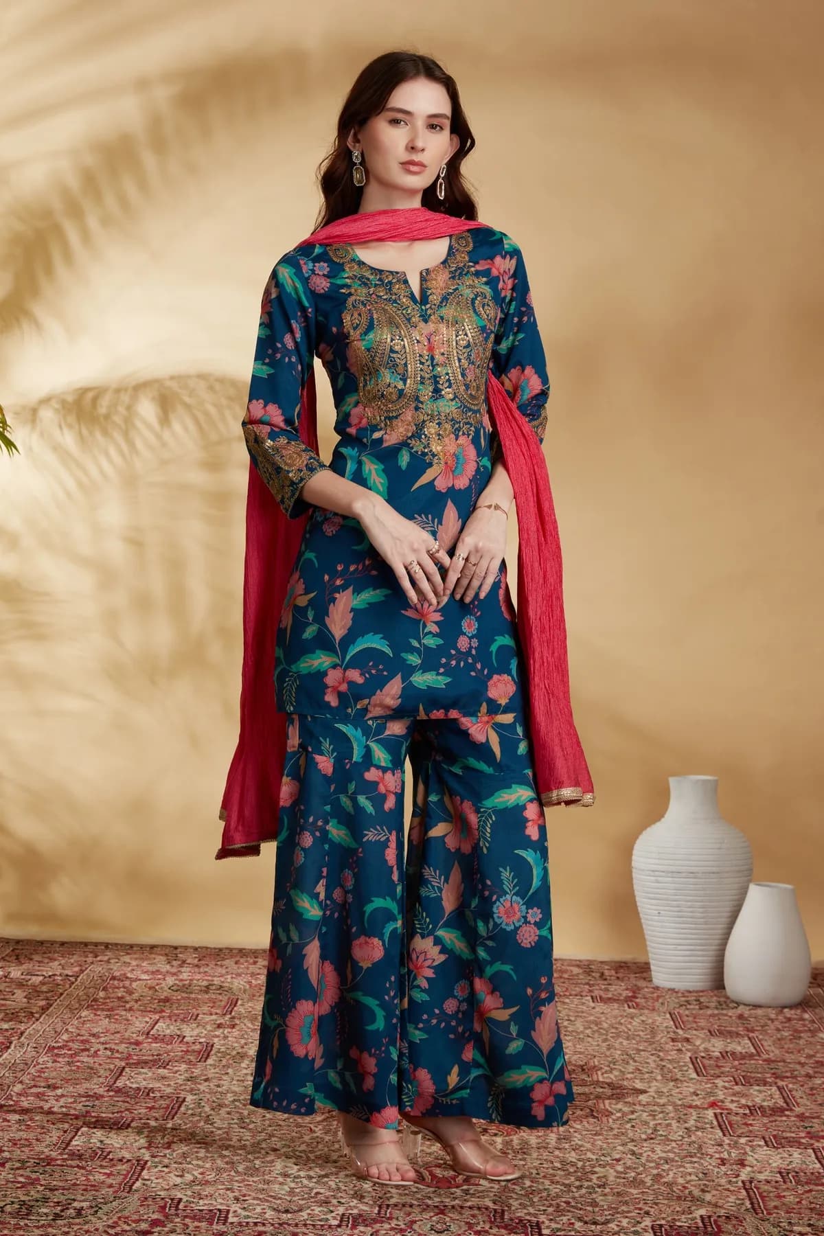 Navy Blue Chinnon Embroidered Kurta Pant and Dupatta Suit Set - Barkha Boutique Kishangarh