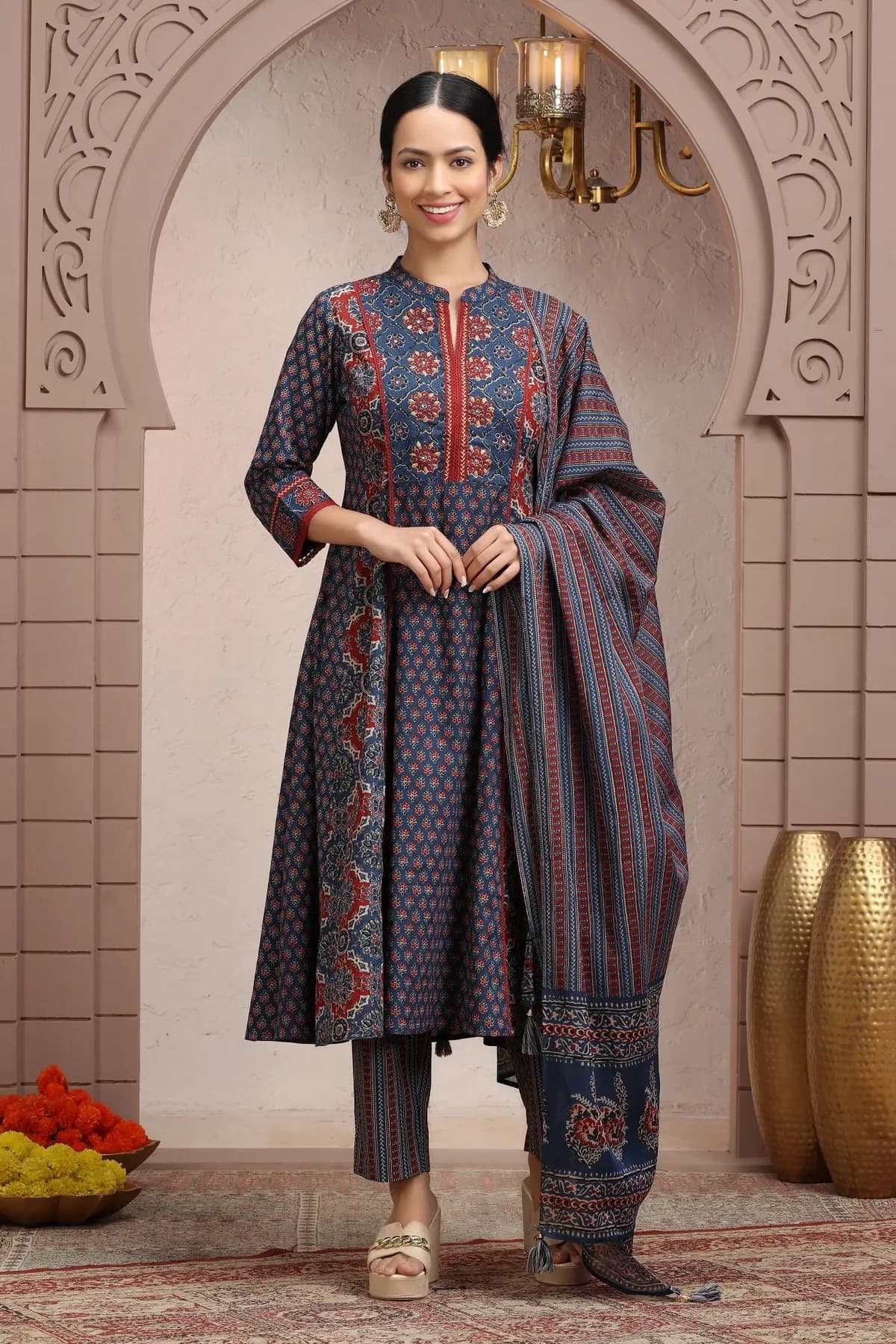 Navy Blue Cotton A line Printed Kurta Pant Suit Set - Barkha Boutique Kishangarh