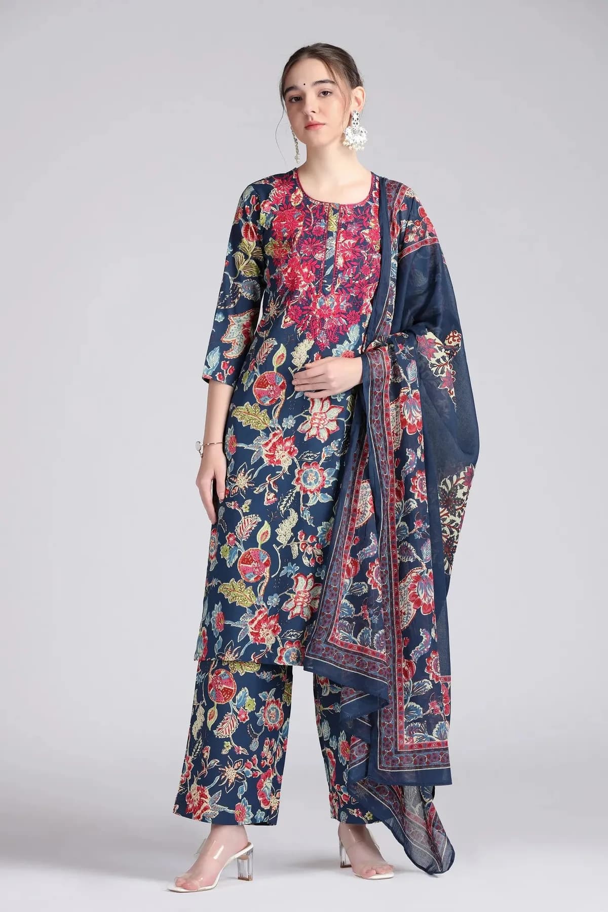 Navy Blue Cotton Embroidered Straight Kurta Pant and Dupatta Suit Set - Barkha Boutique Kishangarh