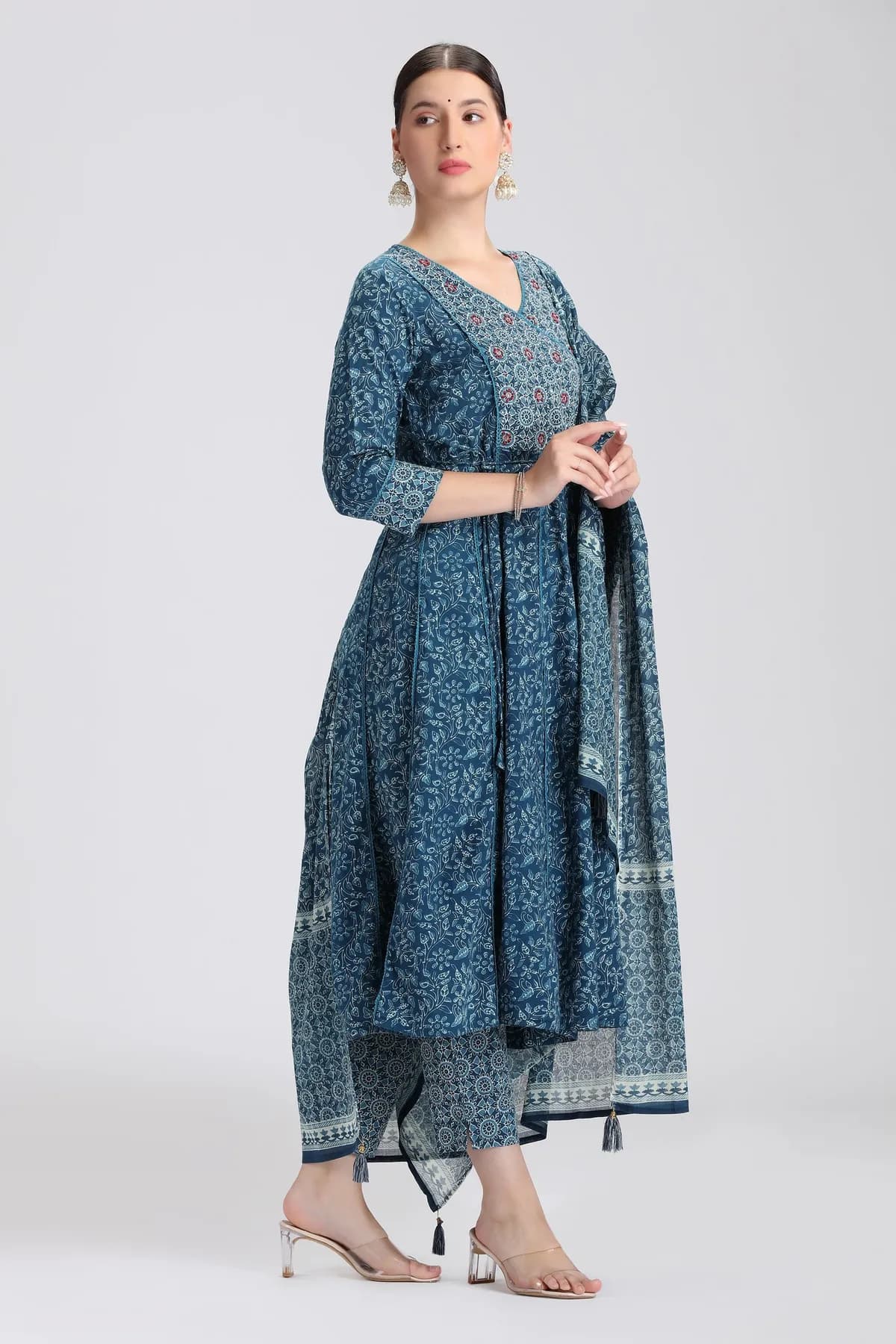Navy Blue Cotton Printed A Line Kurta Pant and Dupatta Suit Set - Barkha Boutique Kishangarh