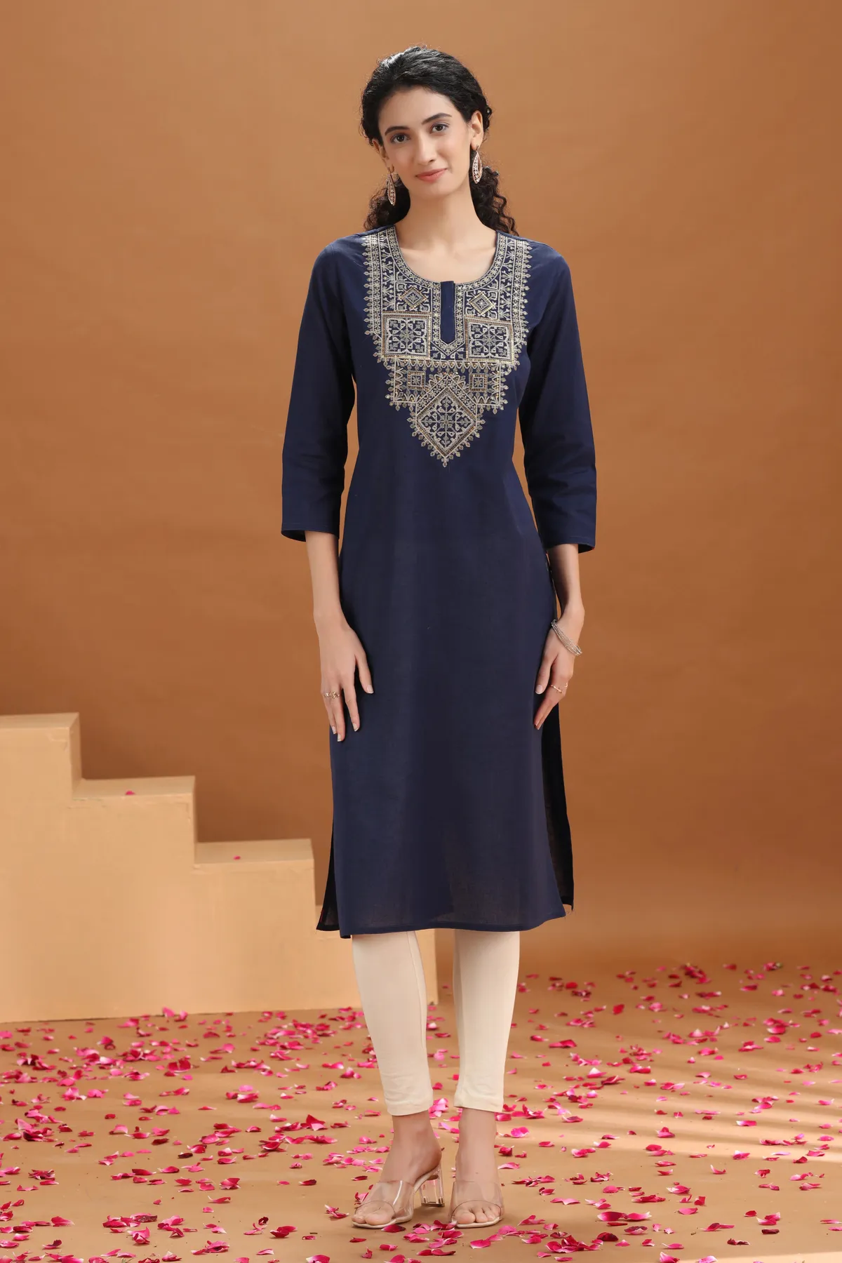 Navy Blue Embroidered Cotton Straight Kurta - Barkha Boutique Kishangarh