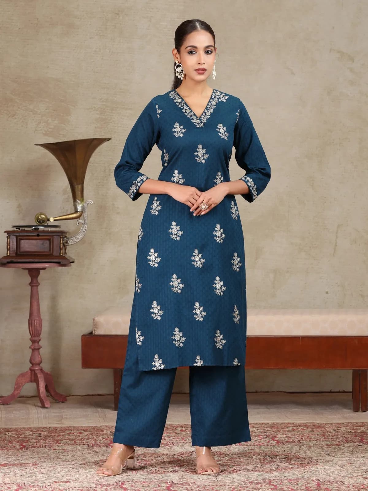 Navy Blue Embroidered Straight Co-ord Set - Barkha Boutique Kishangarh