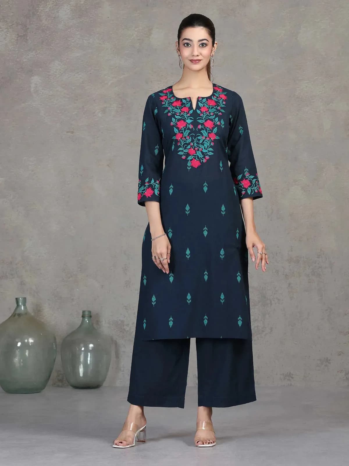 Navy Blue Embroidered Straight Cotton Co-ord Set - Barkha Boutique Kishangarh