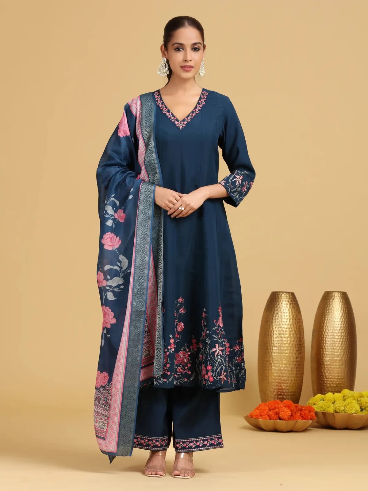 Navy Blue Floral Embroidered A-Line Ethnic Set - Barkha Boutique Kishangarh