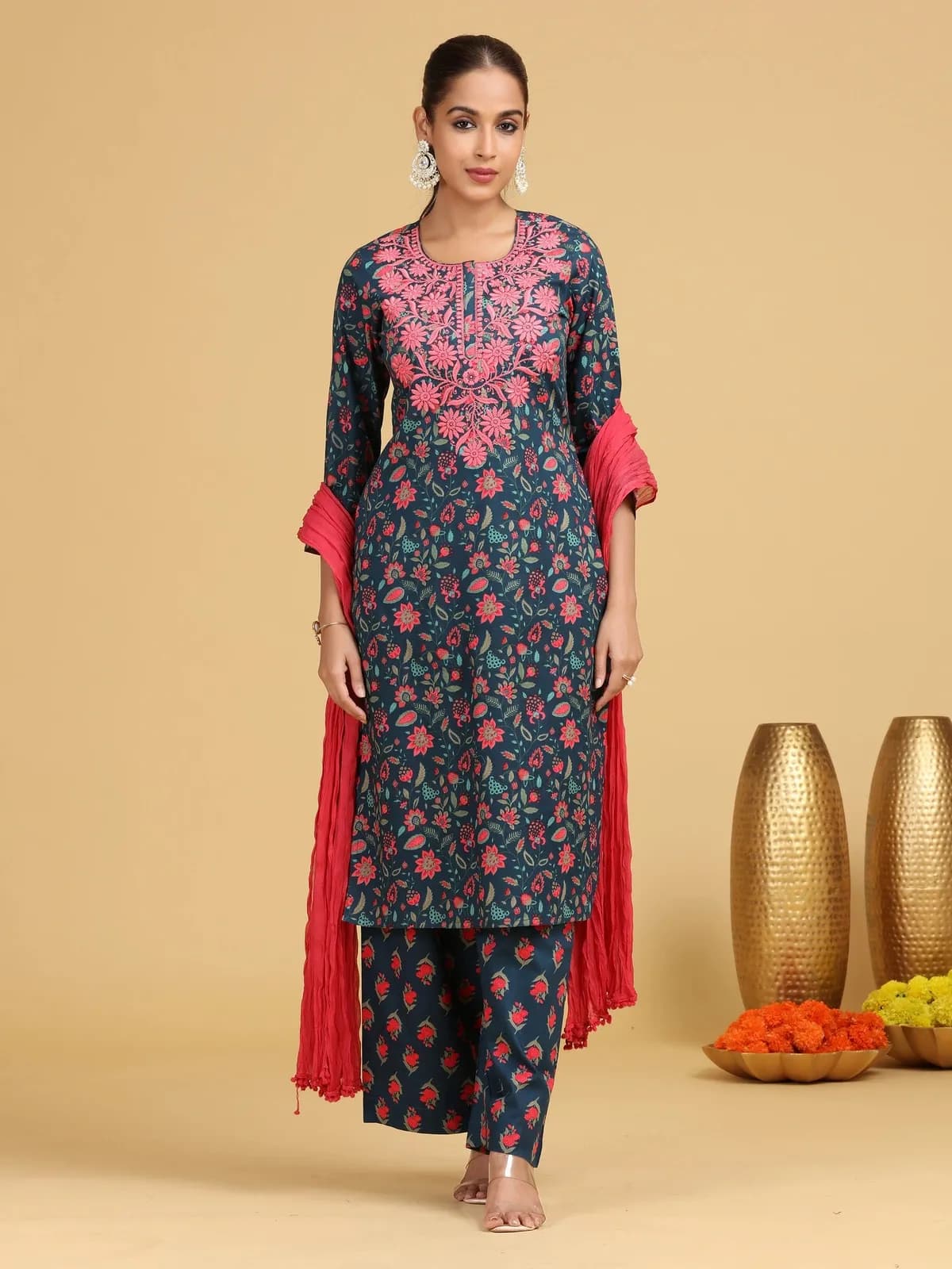 Navy Blue Floral Embroidered Straight Co-ord Set - Barkha Boutique Kishangarh