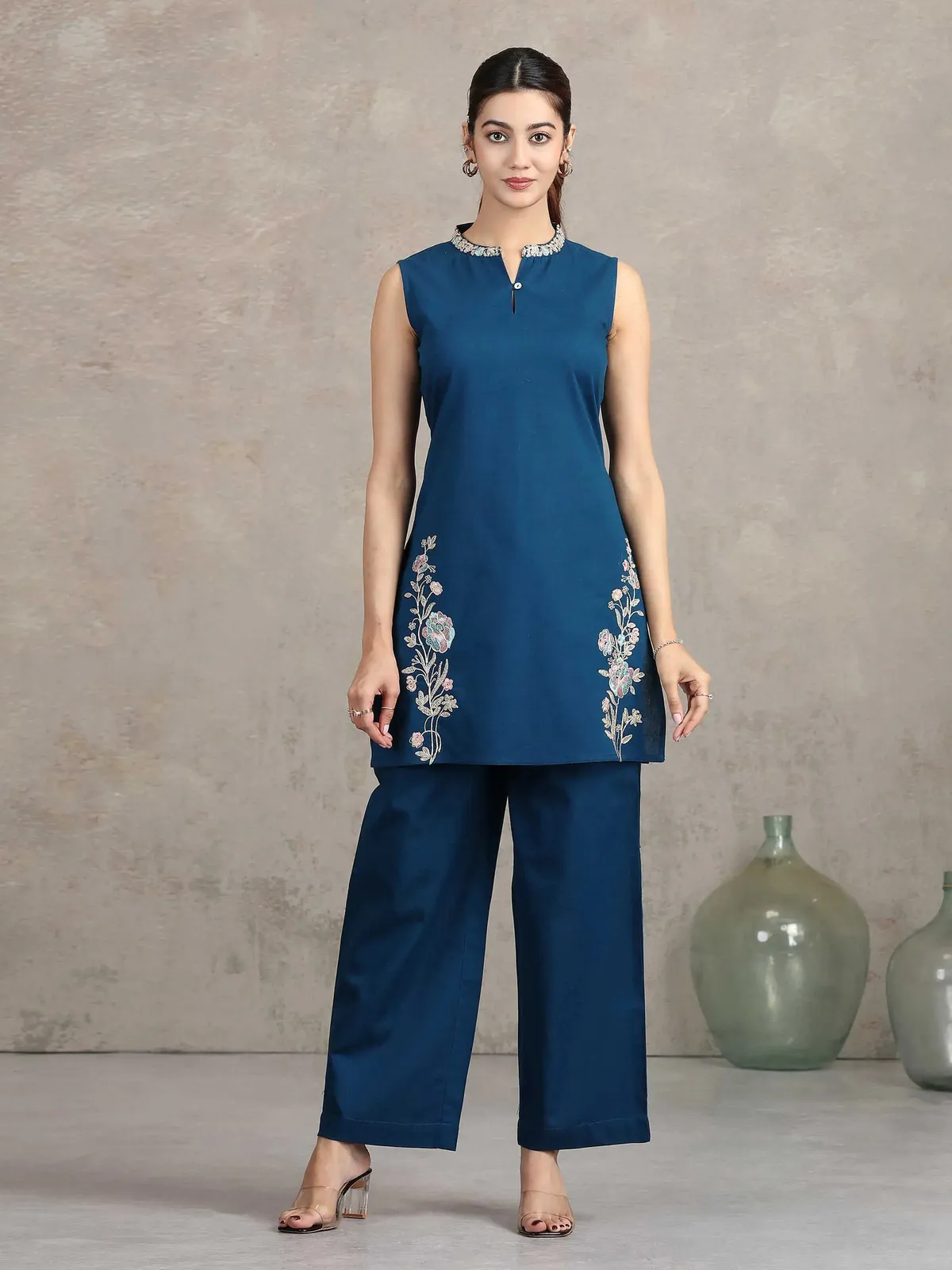 Navy Blue Floral Embroidered Straight Cotton Co-ord Set - Barkha Boutique Kishangarh