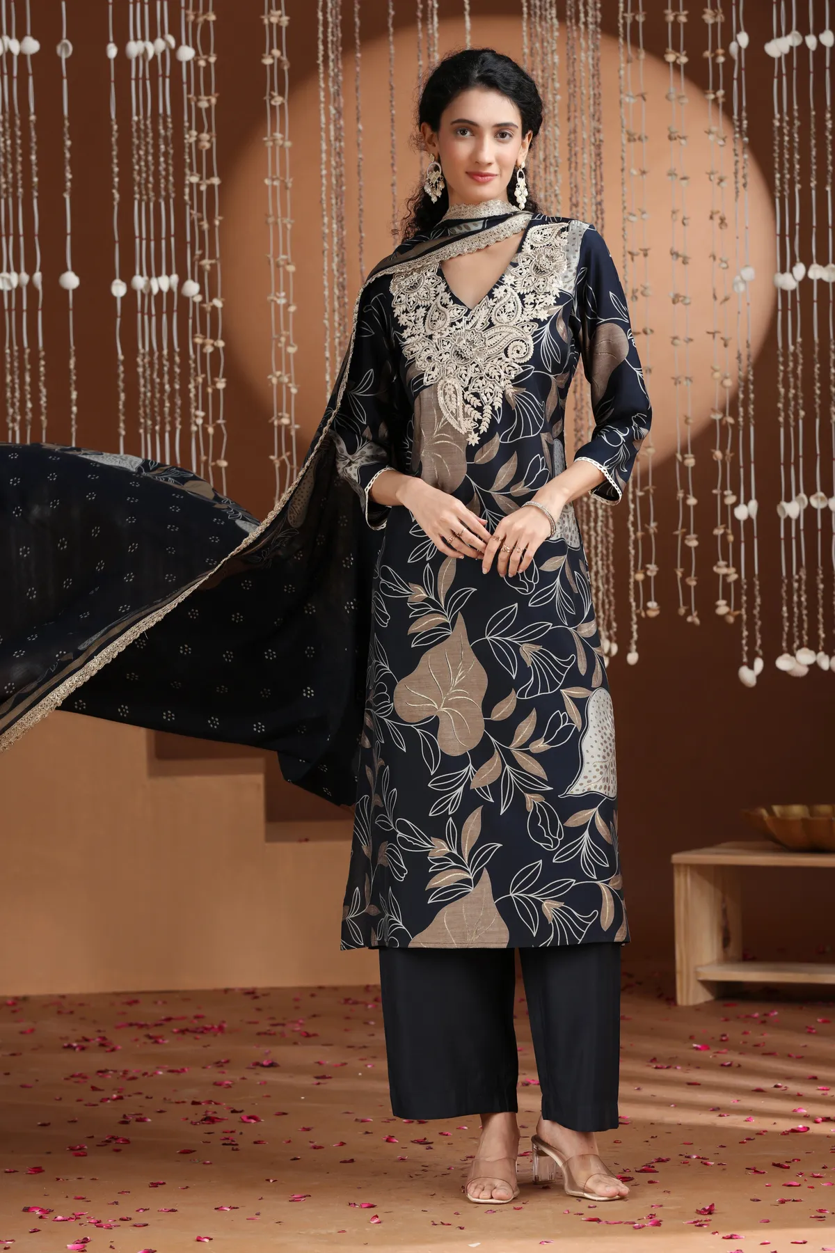 Navy Blue Floral Embroidered Straight Ethnic Set - Barkha Boutique Kishangarh