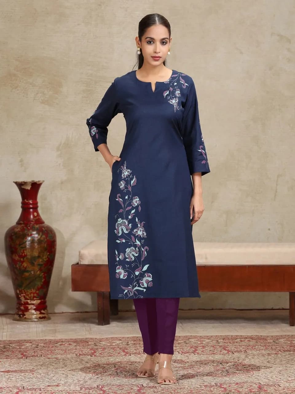 Navy Blue Floral Printed Straight Cotton Kurta - Barkha Boutique Kishangarh