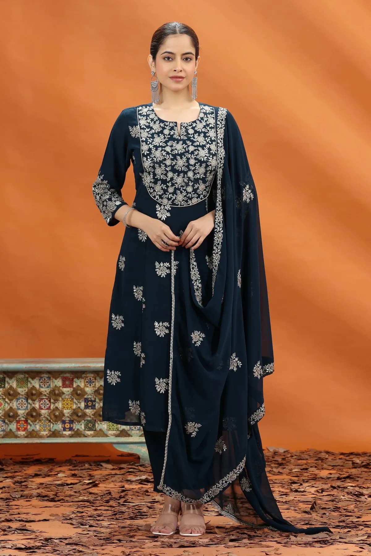 Navy Blue Georgette A Line Embroidered Kurta Pants and Dupatta Set - Barkha Boutique Kishangarh
