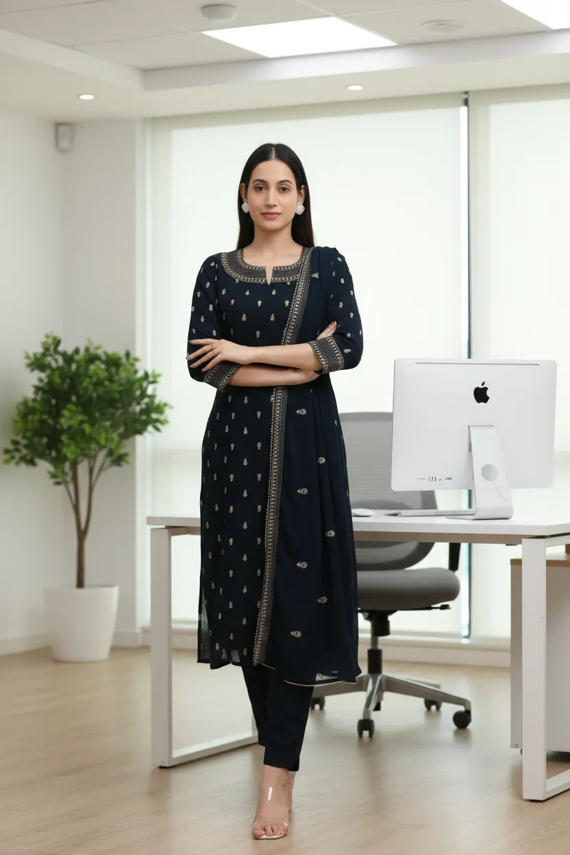 Navy Blue Georgette Embroidered A Line Kurta Pant and Dupatta Suit Set - Barkha Boutique Kishangarh