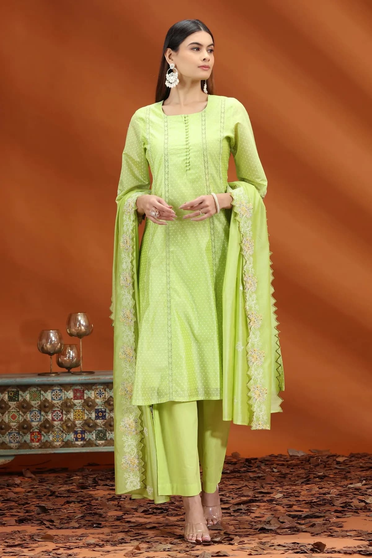 Neon Green Chanderi Kalidar Embroidered Kurta Palazzo and Dupatta Set - Barkha Boutique Kishangarh