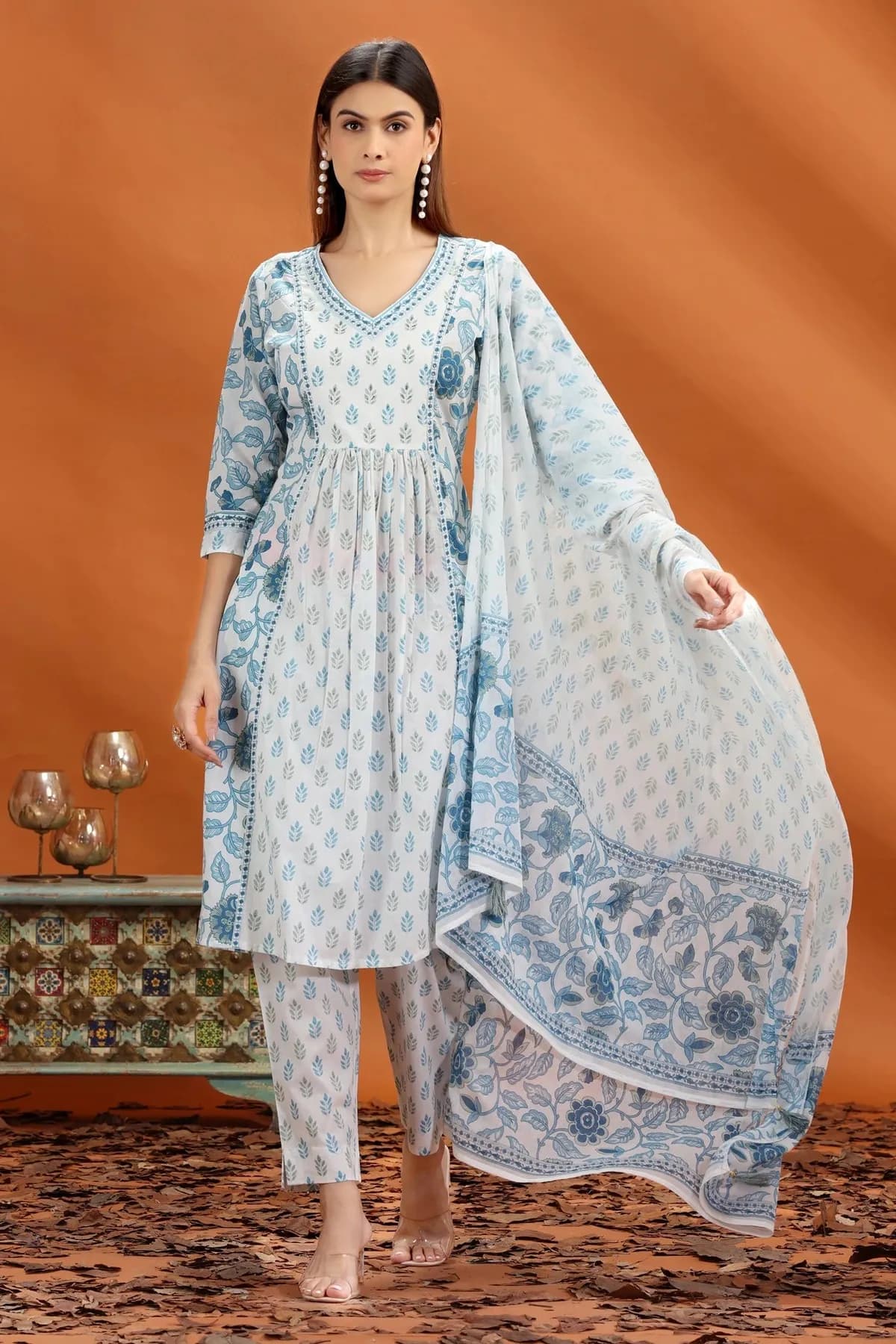 Off White & Blue Jaipuri Cotton A Line Printed Kurta Pant and Dupatta Set - Barkha Boutique Kishangarh