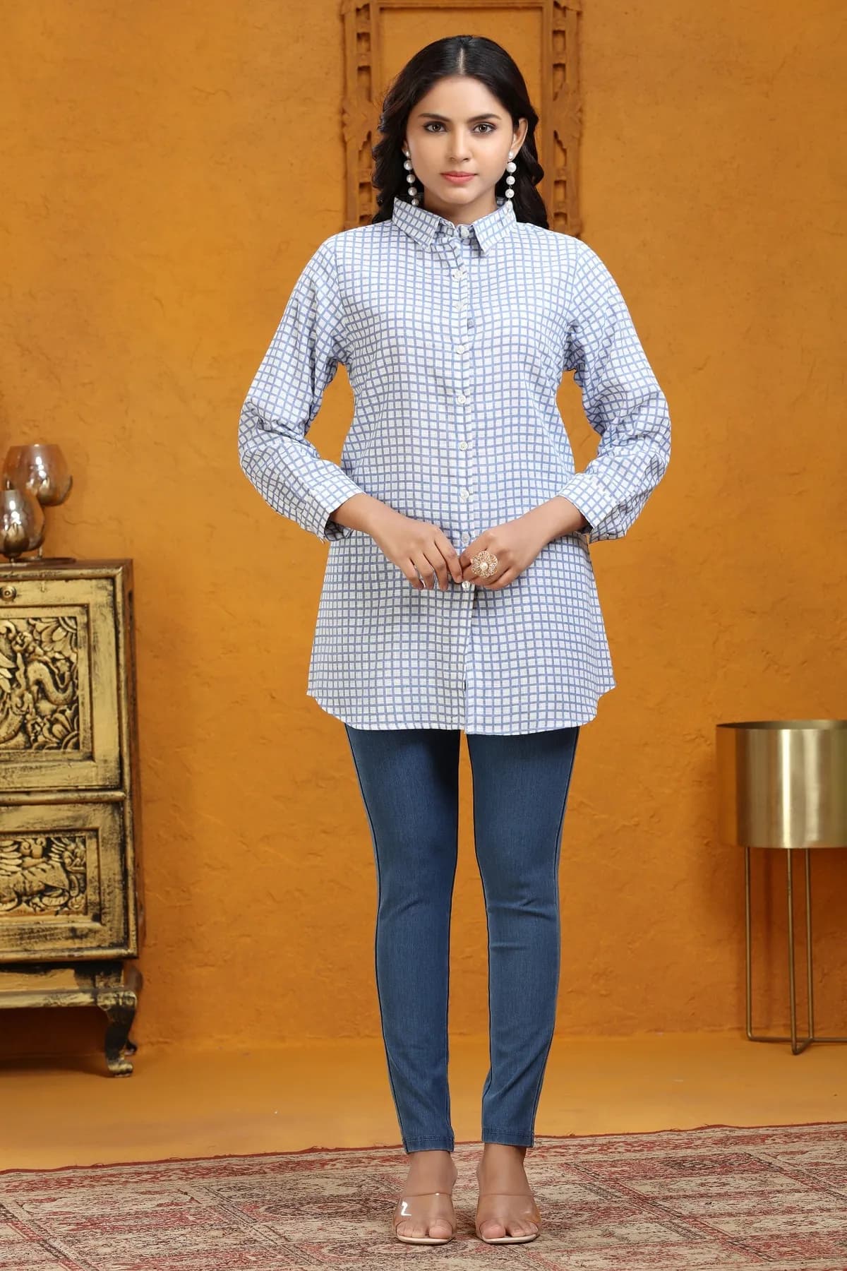 Off White & Blue Printed Jaipuri Cotton Tunic
