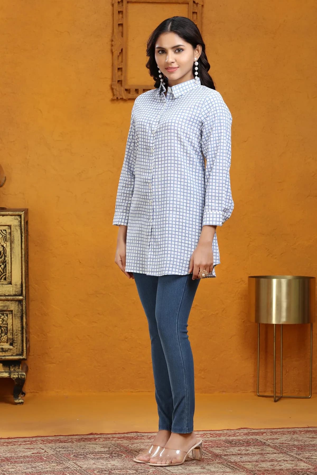 Off White & Blue Printed Jaipuri Cotton Tunic